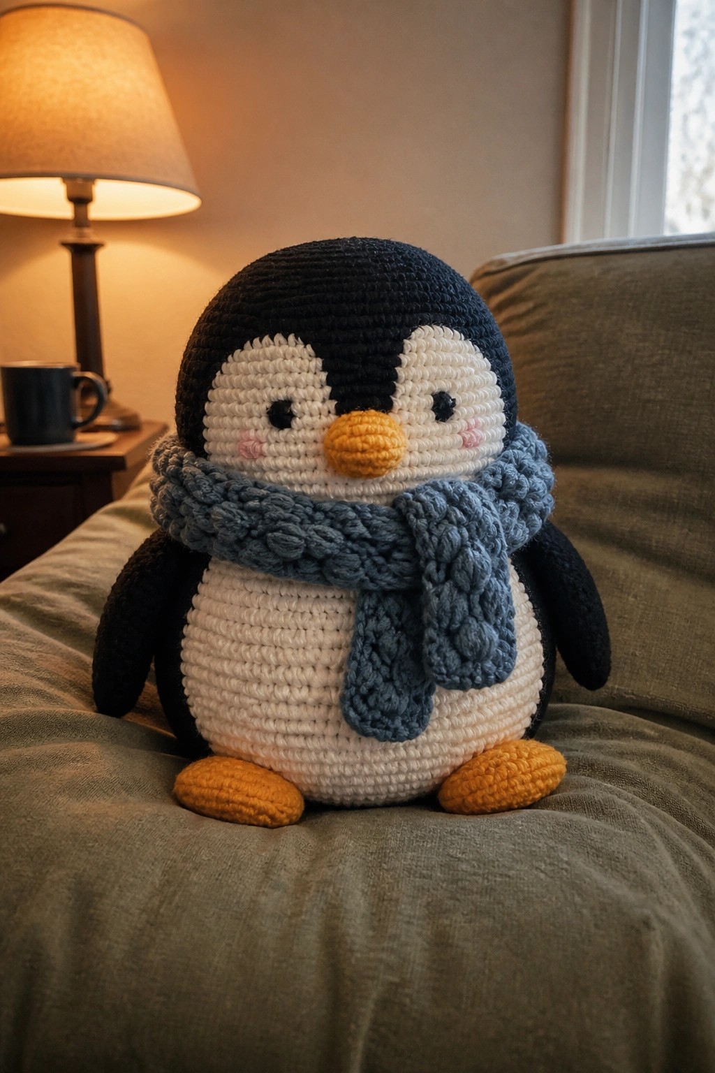 Crocheted penguin plush with blue scarf sits on green couch near lit lamp.