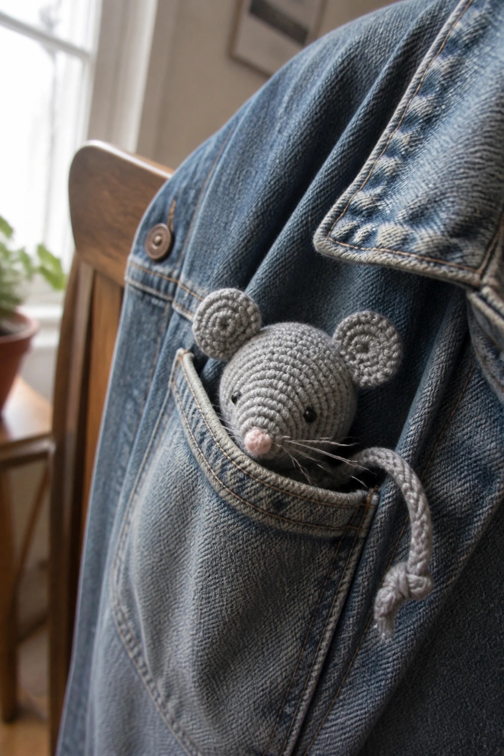 Gray crocheted mouse peeking from pocket of blue denim jacket on chair