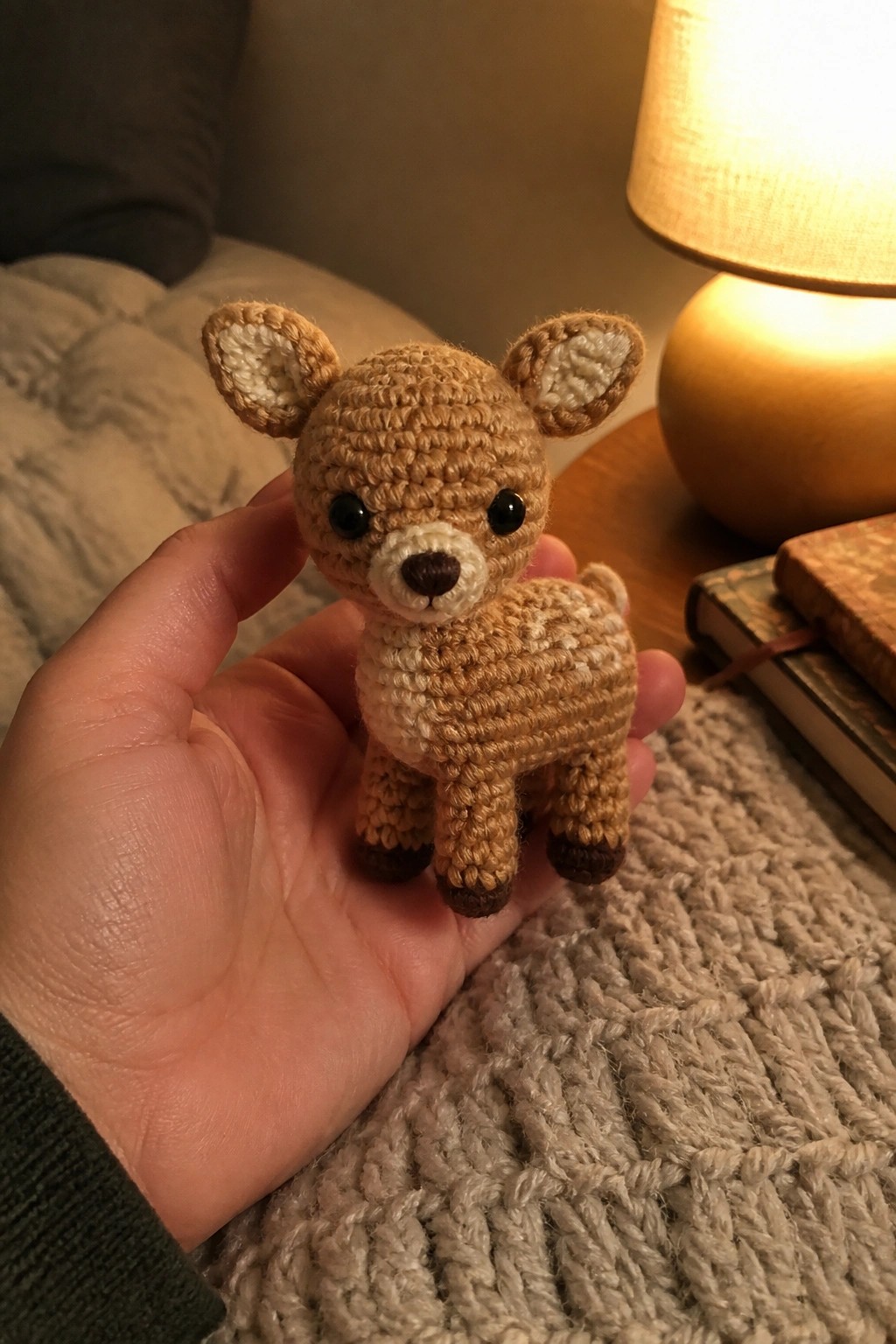 Hand holds small crocheted brown fawn with white ears near glowing lamp
