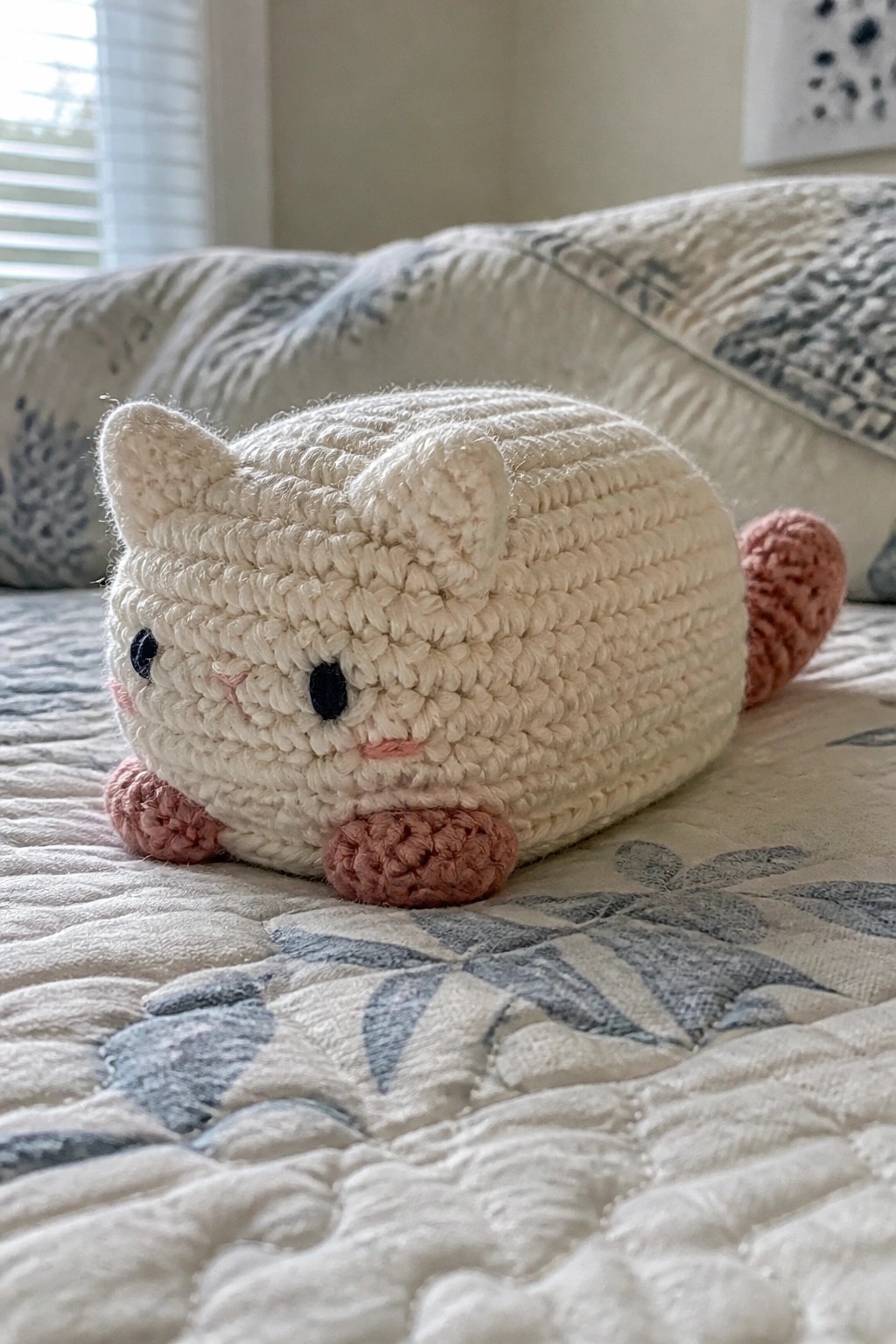 A white crocheted cat in loaf shape with pink paws and tail rests on a patterned quilt.