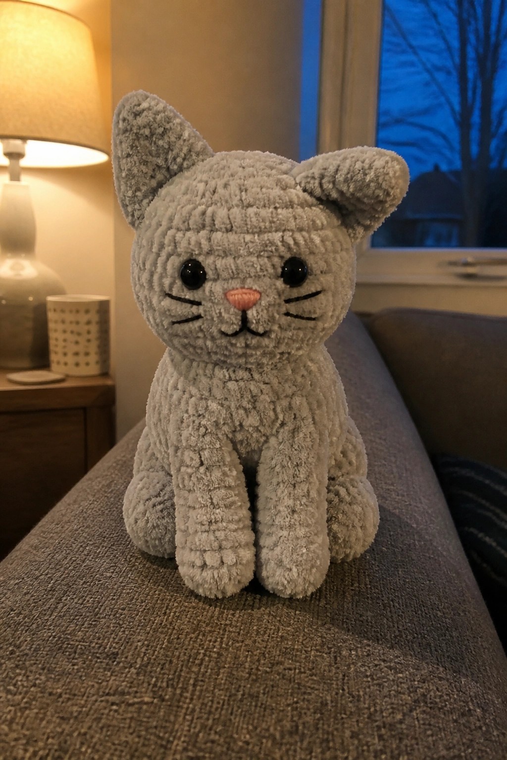 Gray fluffy crocheted cat plush sitting on a couch near a lit lamp and window
