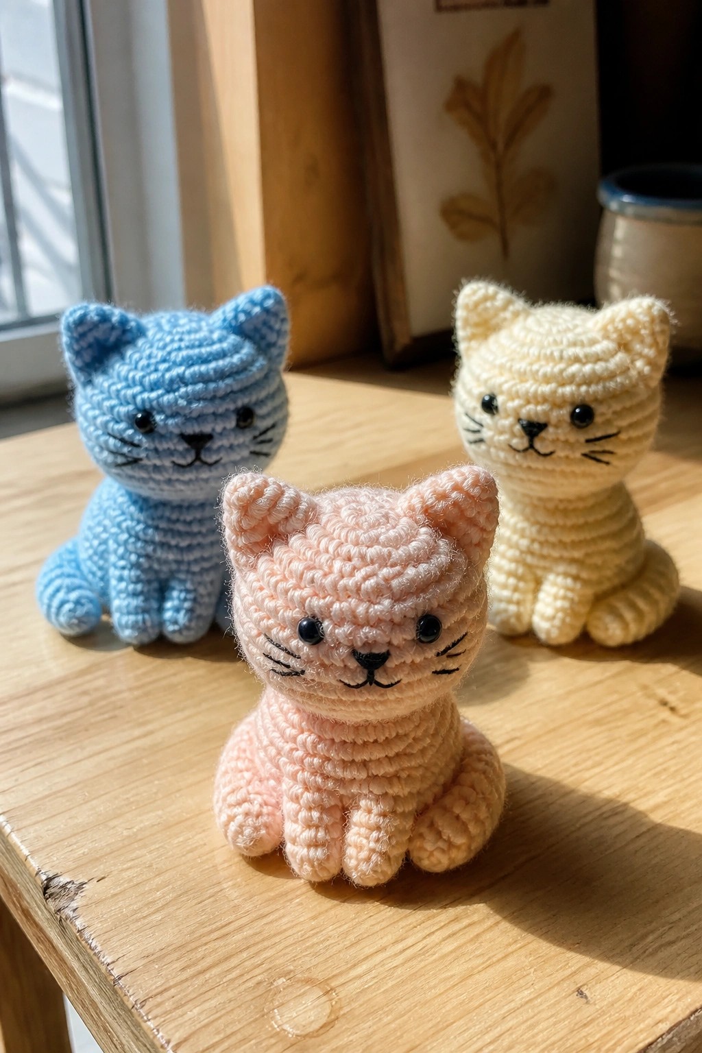 Three crocheted cats in blue, peach, and cream on a wooden table.