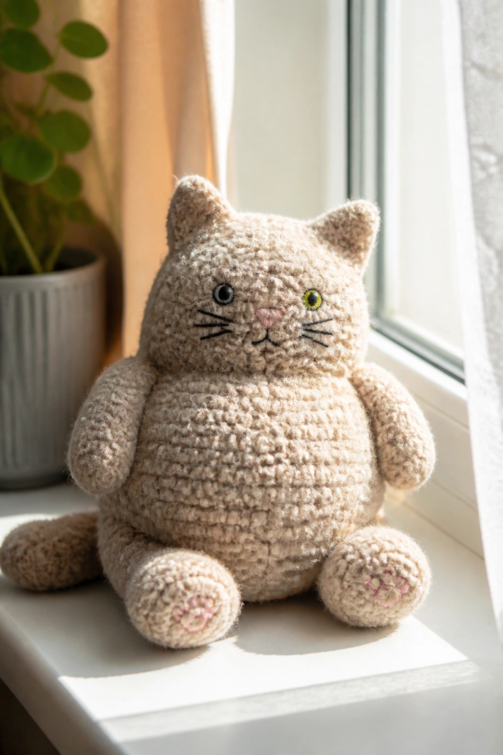 Beige crocheted cat plush with mismatched eyes sits on a sunlit windowsill.