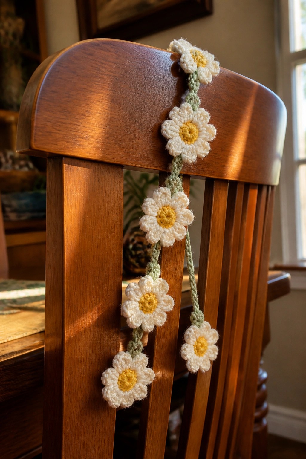 Crocheted white daisies with yellow centers on green stems drape over wooden chair.