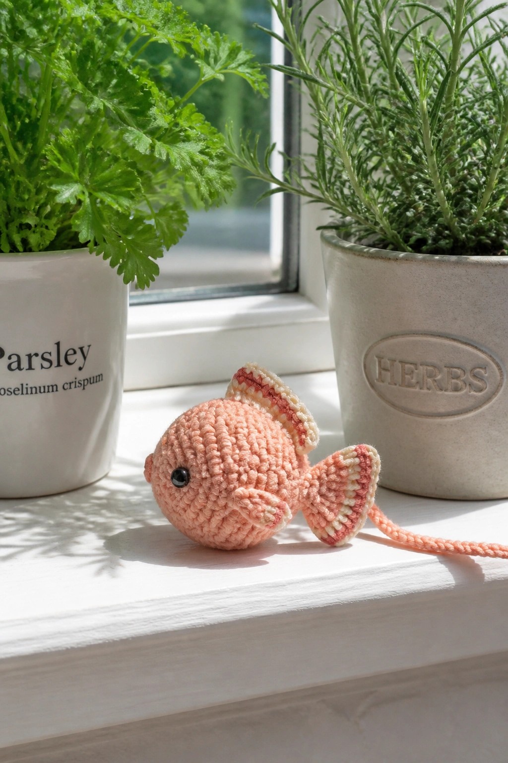 Crocheted peach fish toy on sunny windowsill between parsley and herb pots