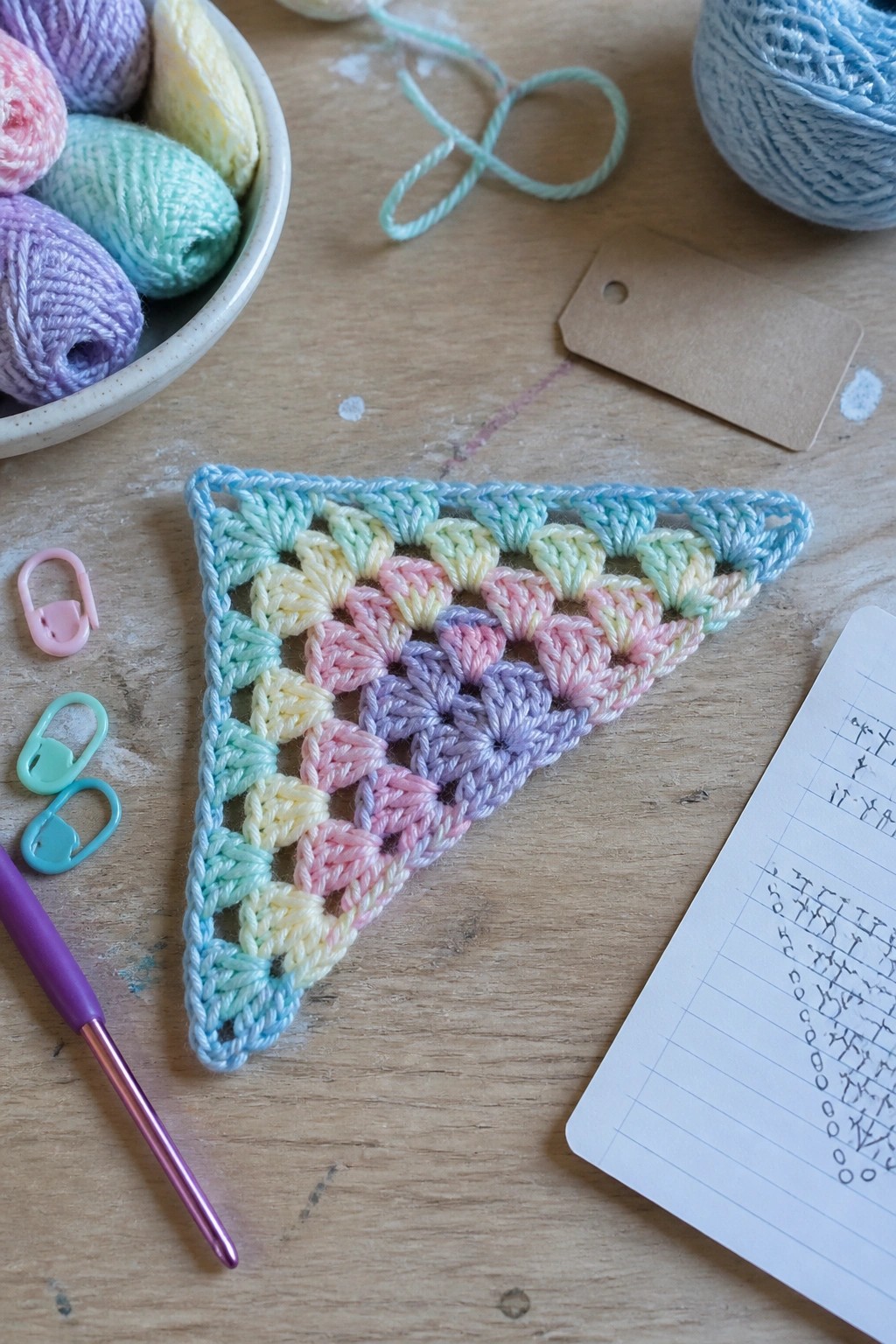 Colorful crocheted triangle with pastel yarns, hook, markers, and pattern notes on wood