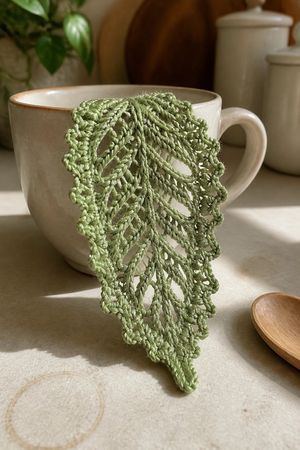 Green crocheted leaf draped over rim of beige ceramic mug on table