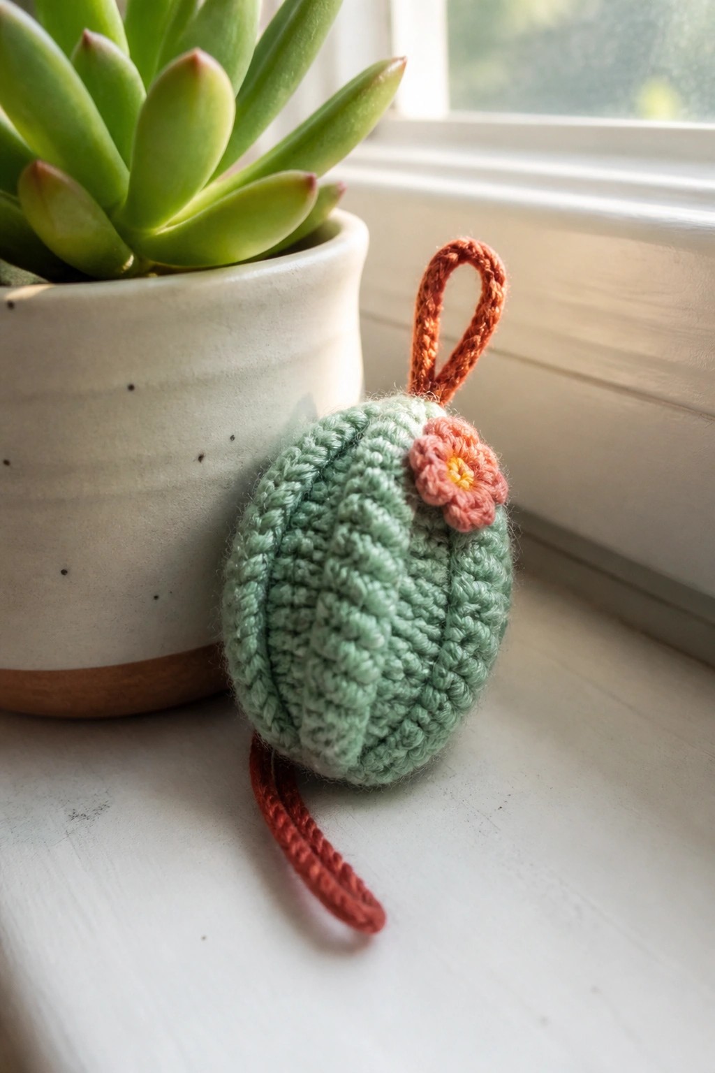 A small green crocheted cactus with a pink flower, orange loop, and orange tail sits on a white windowsill beside a potted succulent.