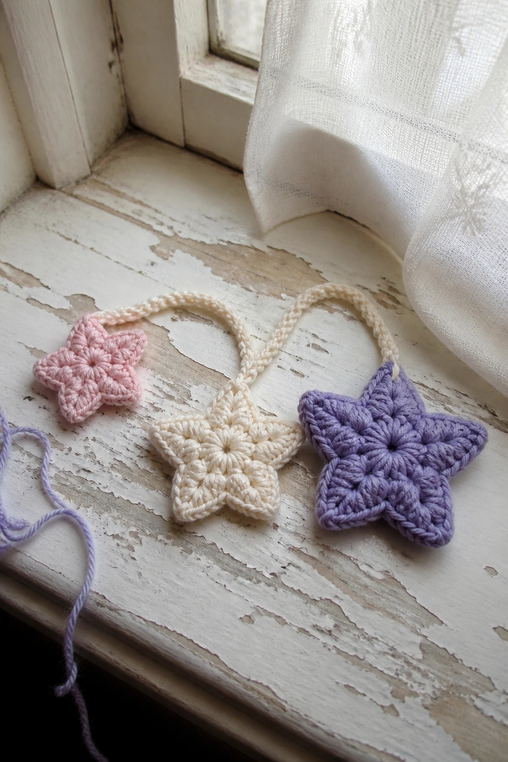 Three crocheted stars in pink, cream, and purple linked on a peeling windowsill.