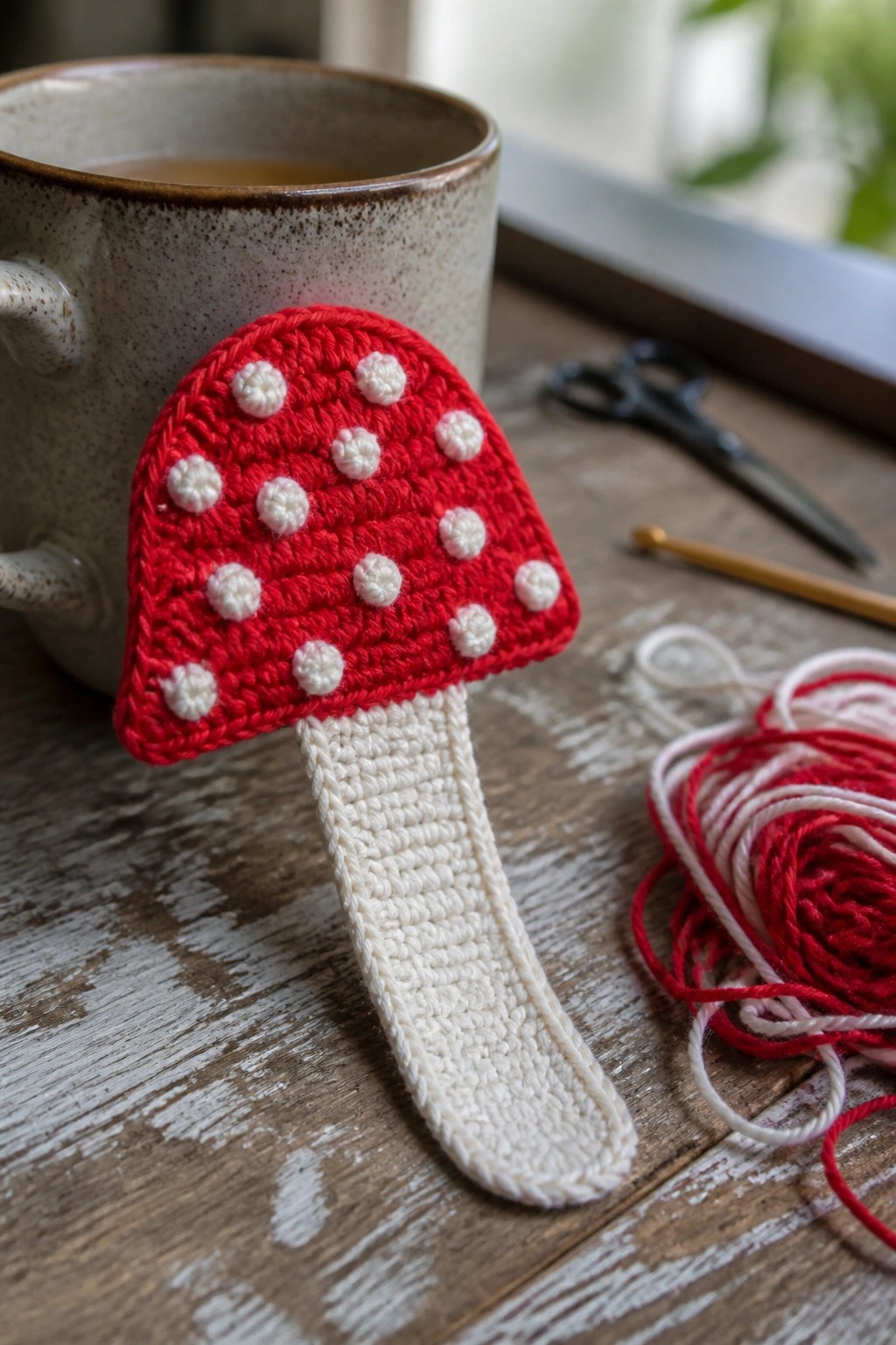 Red crocheted mushroom with white dots beside ceramic mug on wooden table.