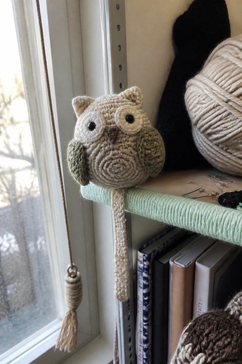 Beige crocheted owl with green wings and dangling tassel on mint shelf
