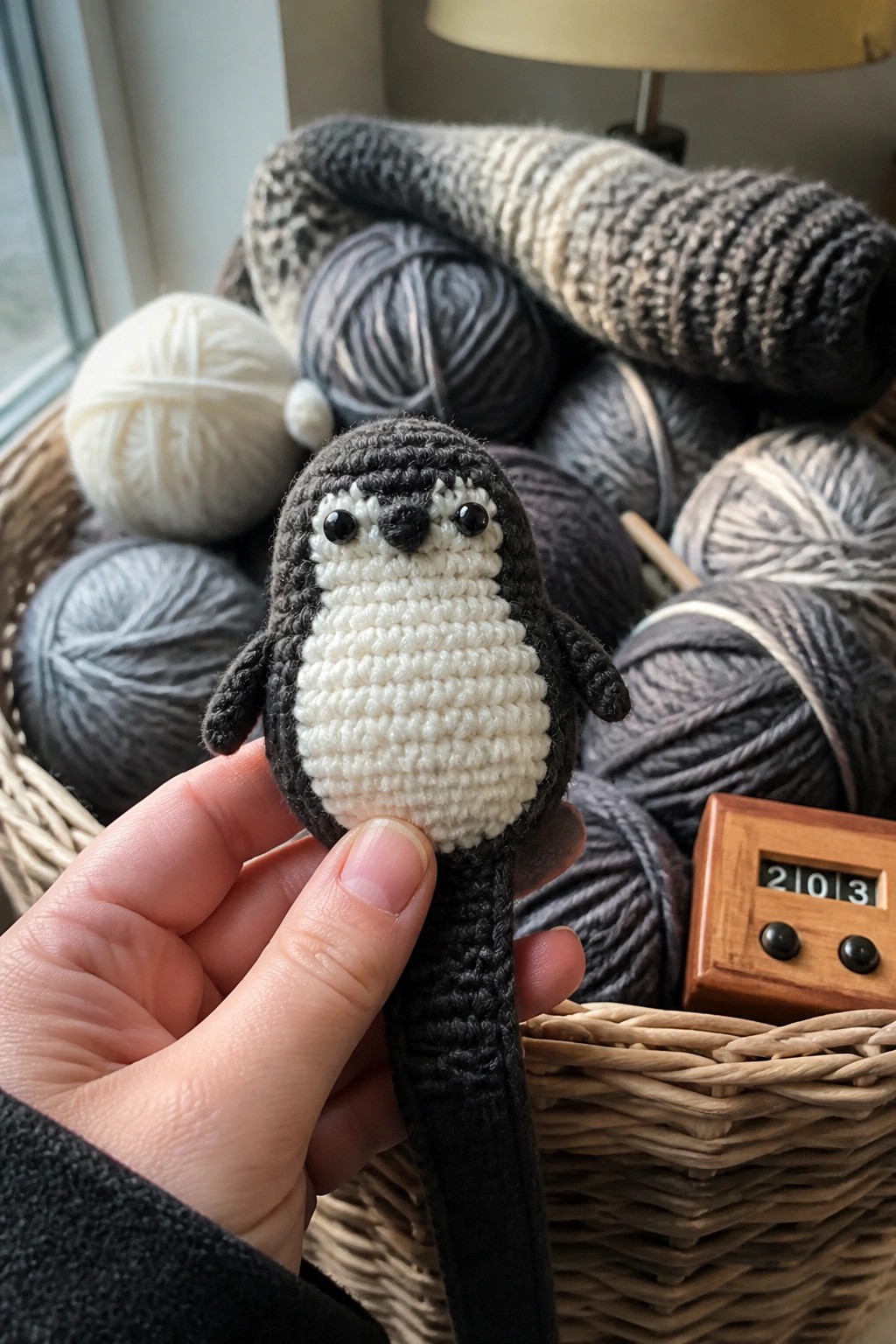 Hand holds black and white crocheted penguin with long strap before yarn basket.