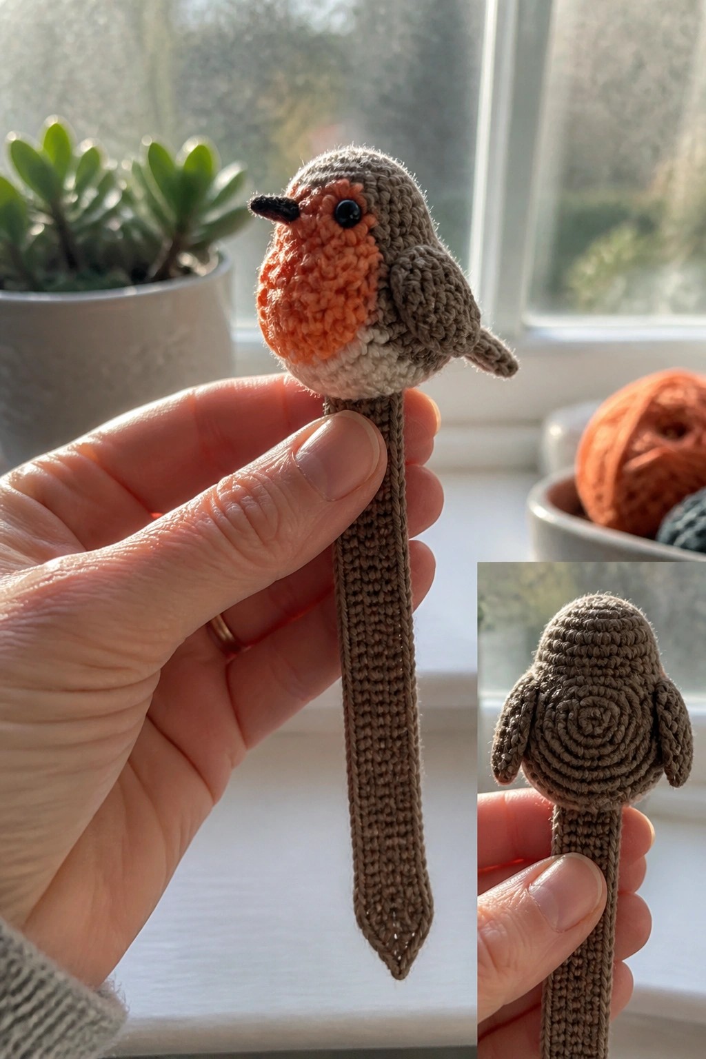 Hand holding crocheted robin bookmark with orange breast, brown body, long tail, back inset.