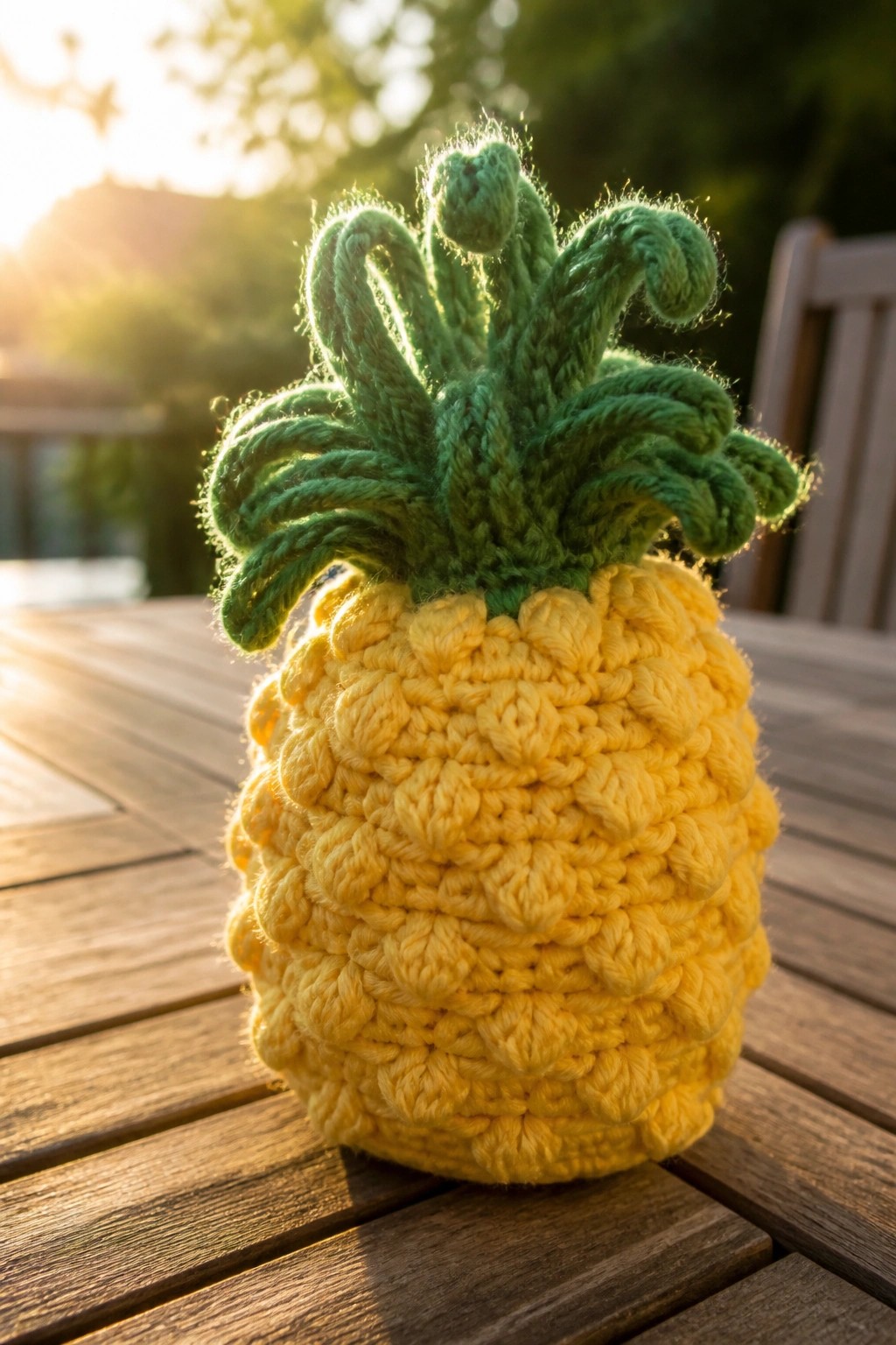 Crocheted yellow pineapple with green leafy top on sunlit wooden outdoor table