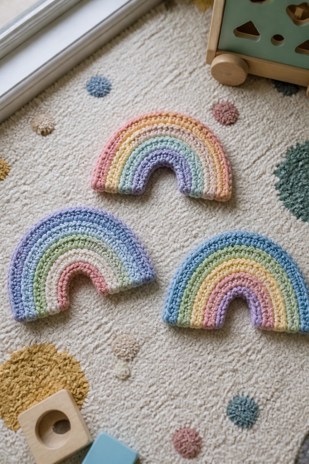 Three pastel crocheted rainbows on white pom-pom rug with wooden toys