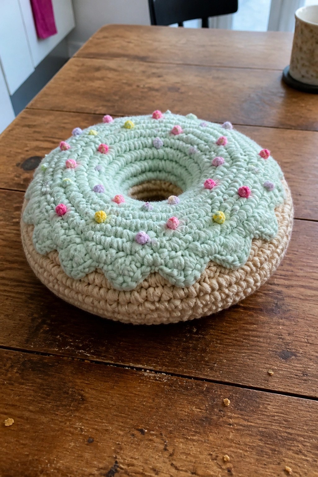 Mint green crocheted donut with colorful sprinkles on wooden table