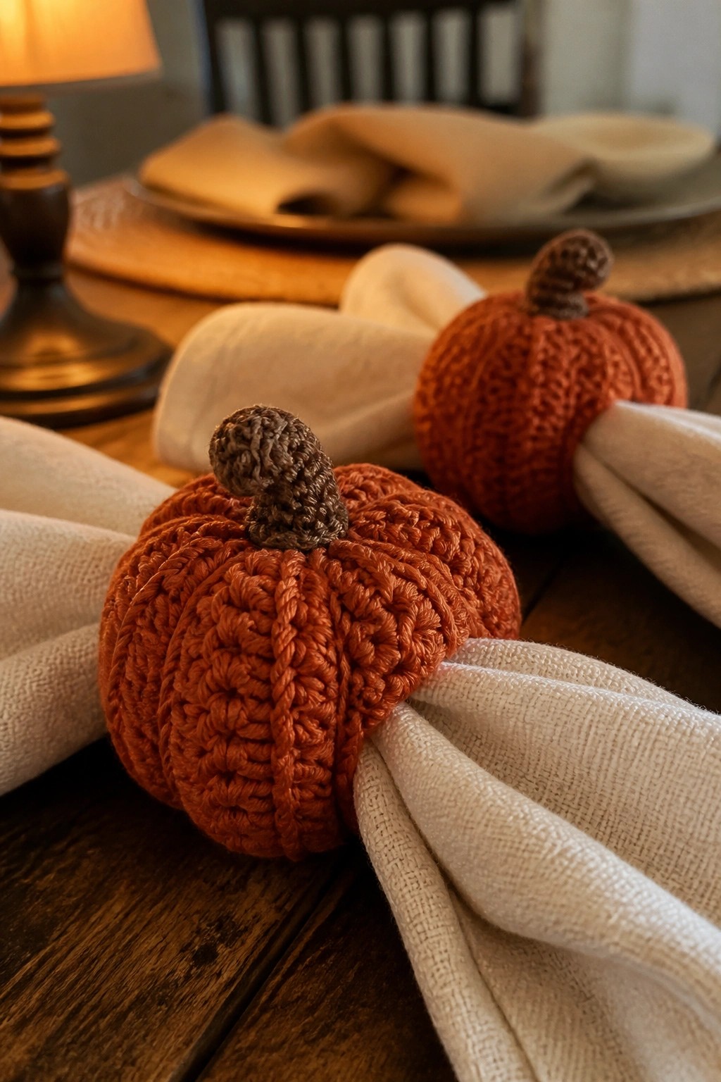 Two crocheted orange pumpkins holding white napkins on a wooden table