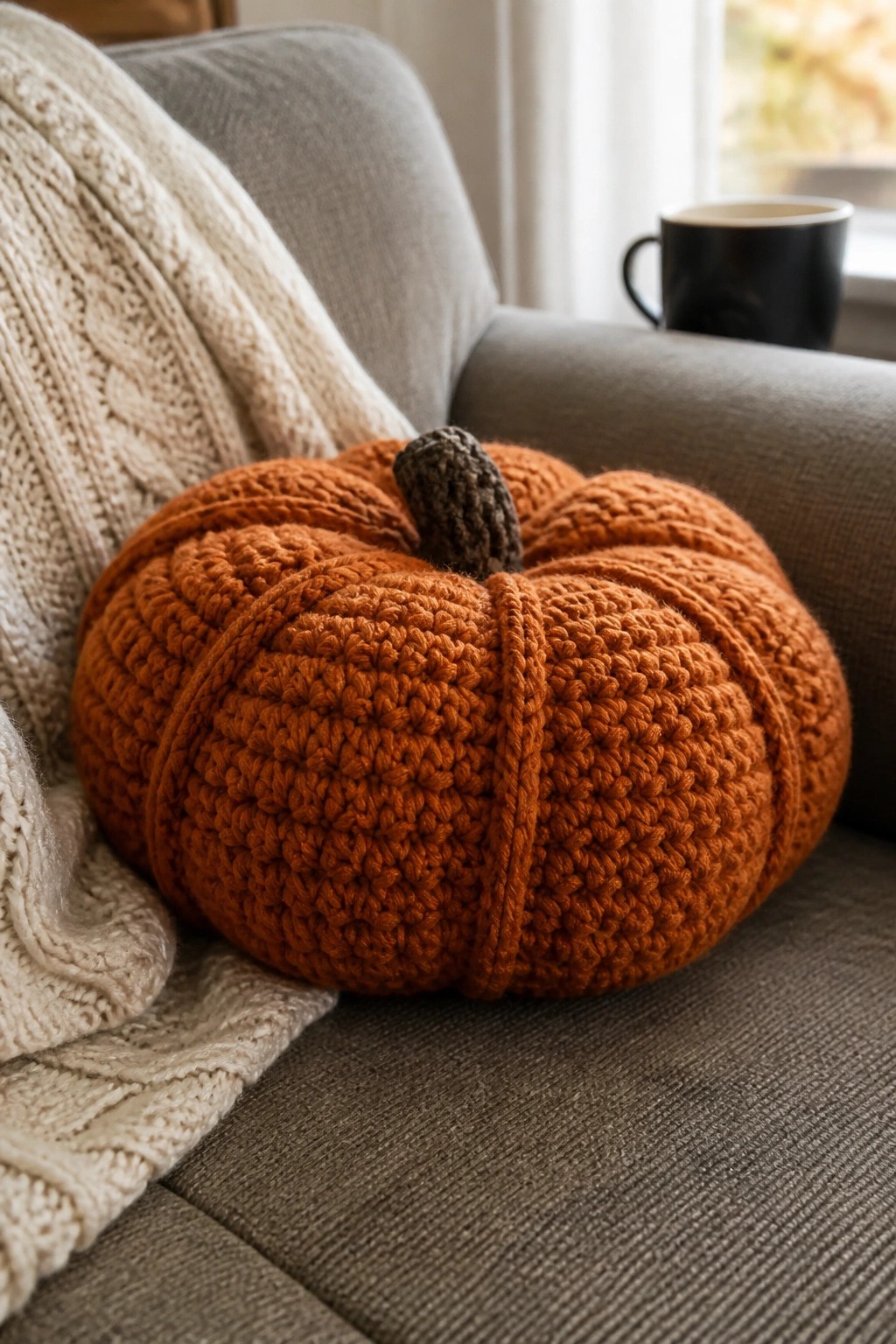 Crocheted orange pumpkin on gray couch beside cream knit blanket and black mug