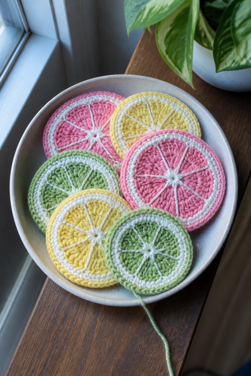 Crocheted pink, yellow, and green citrus slice coasters in a ceramic bowl on wood.