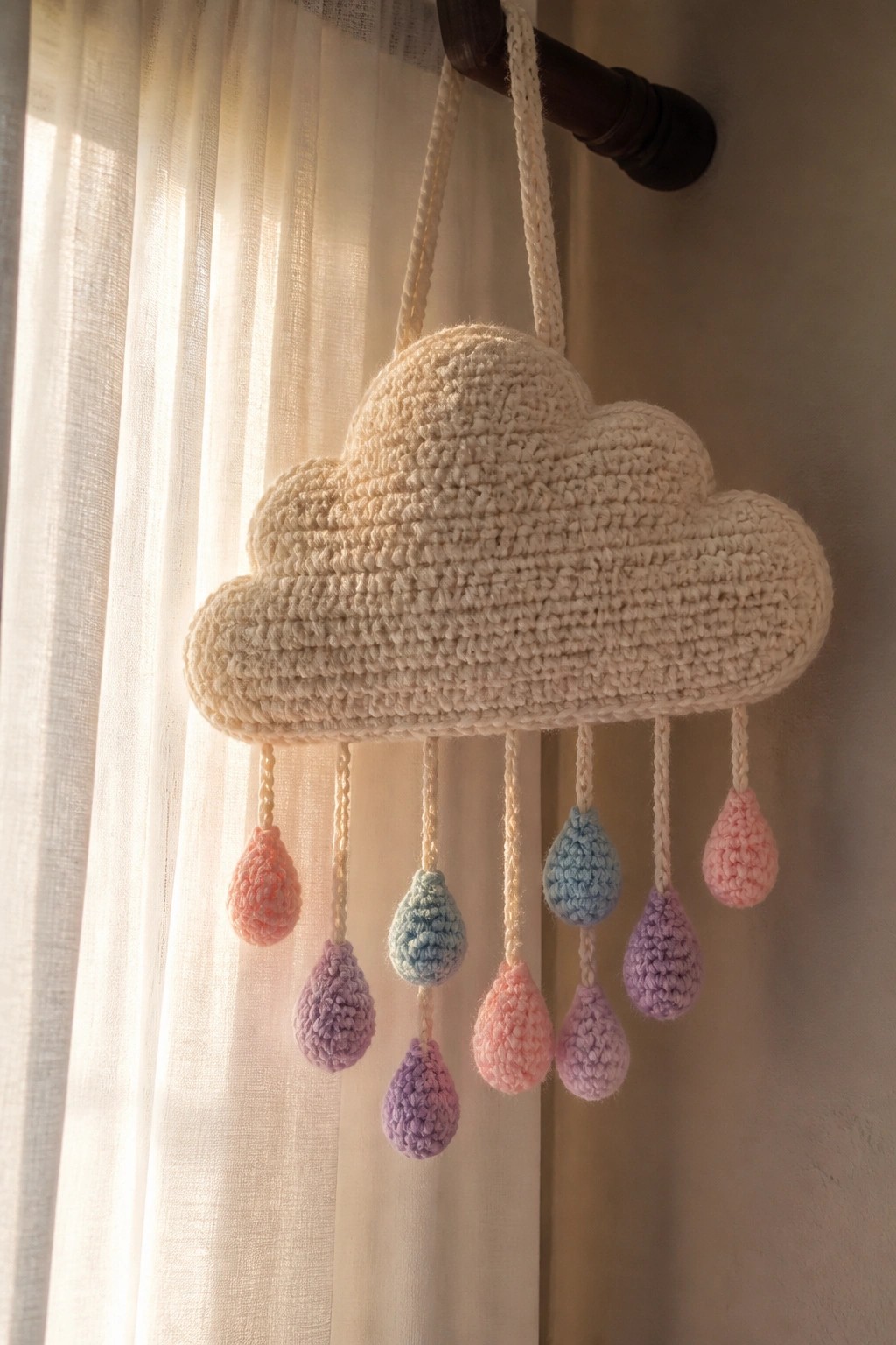 Crocheted cream cloud with pastel raindrops hanging near sheer curtains.