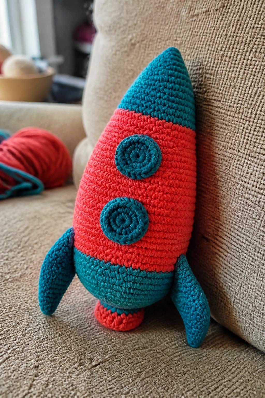 Crocheted red and teal rocket toy with fins resting on beige couch