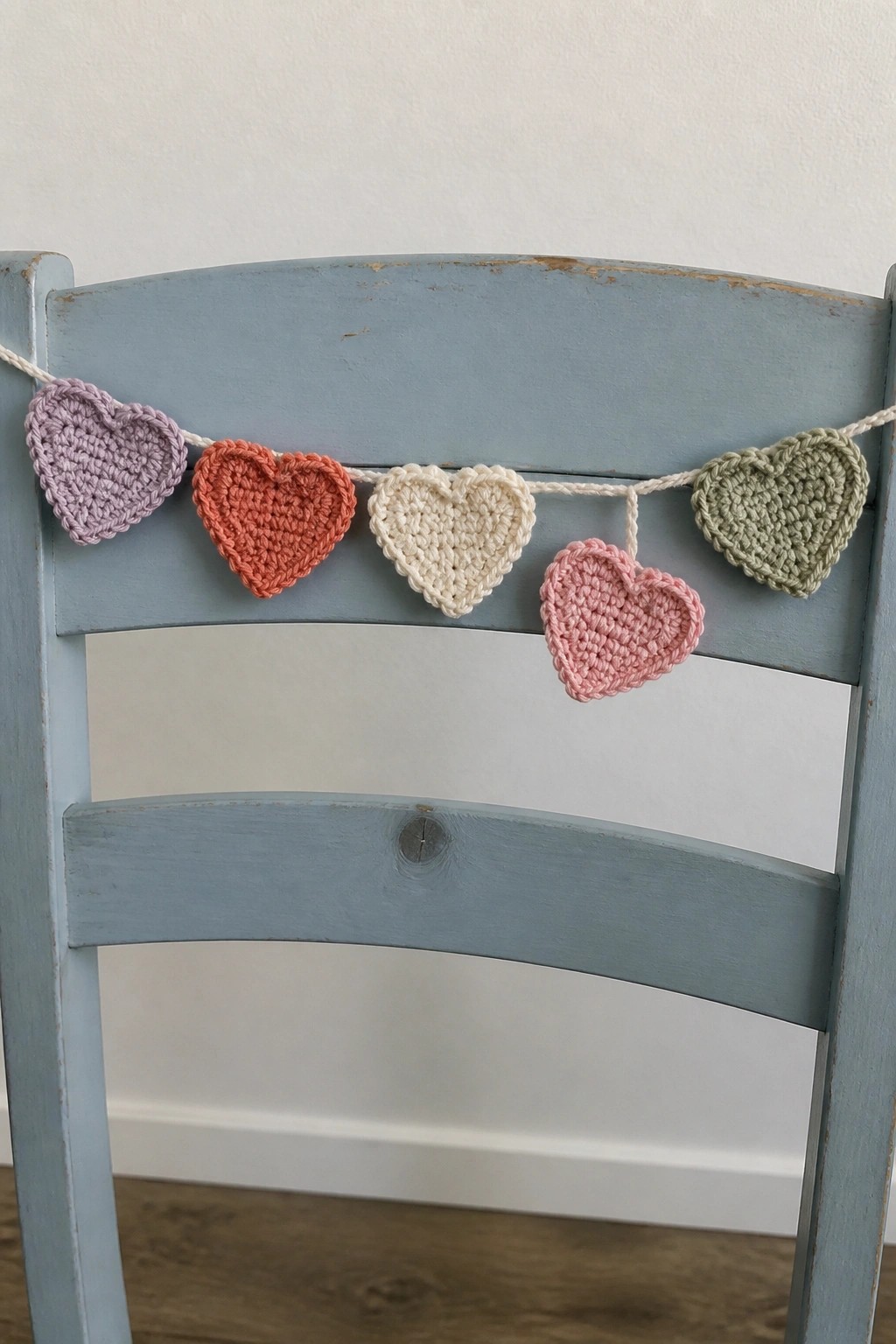 Pastel crocheted hearts strung across the back of a blue wooden chair