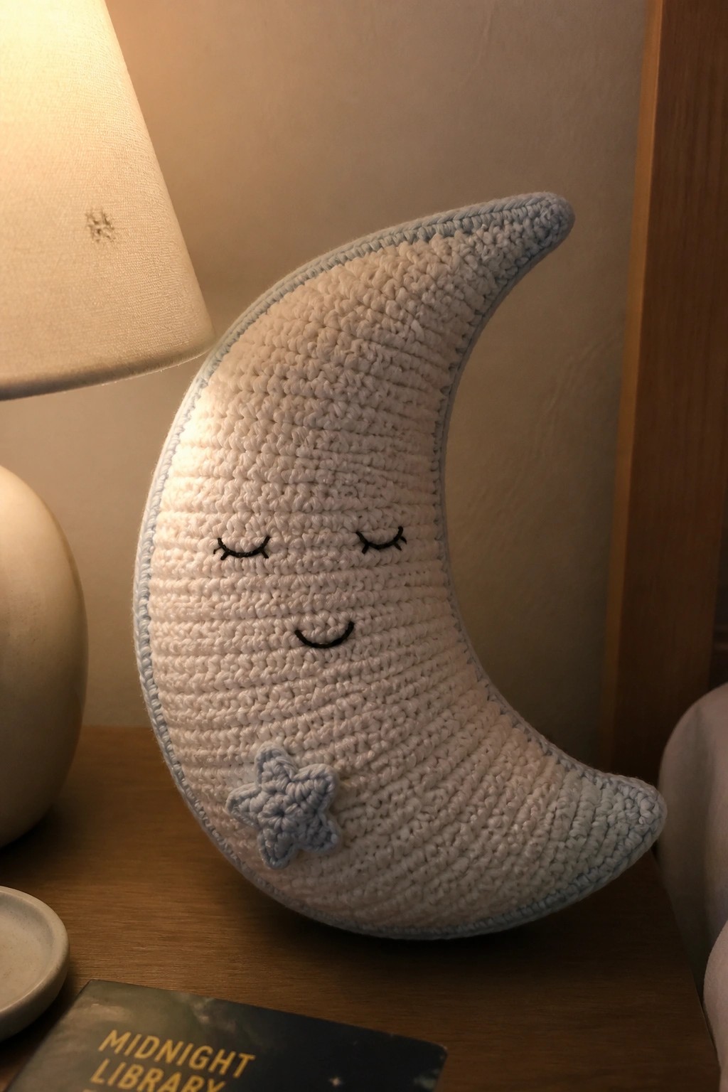 Crocheted white crescent moon plush with smiling face and blue star by lamp