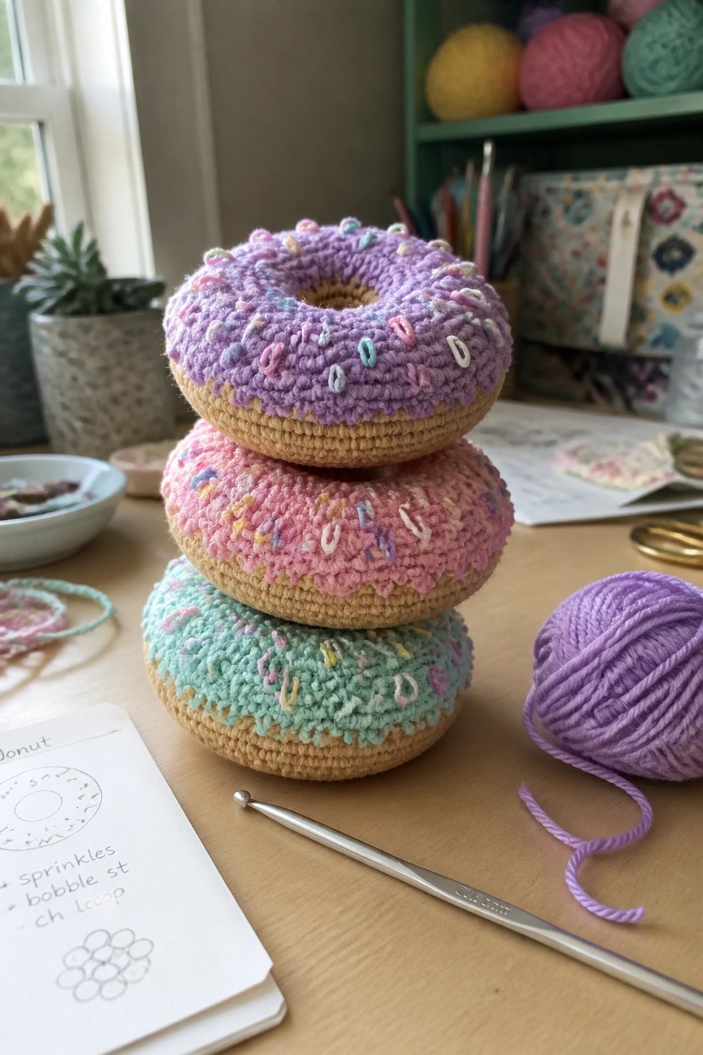 Three stacked pastel crocheted donuts with sprinkles beside hook, yarn, and notebook