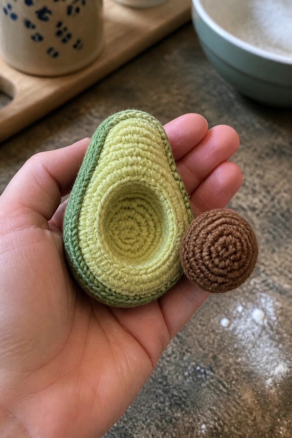 Hand holding crocheted avocado half beside small brown crocheted pit