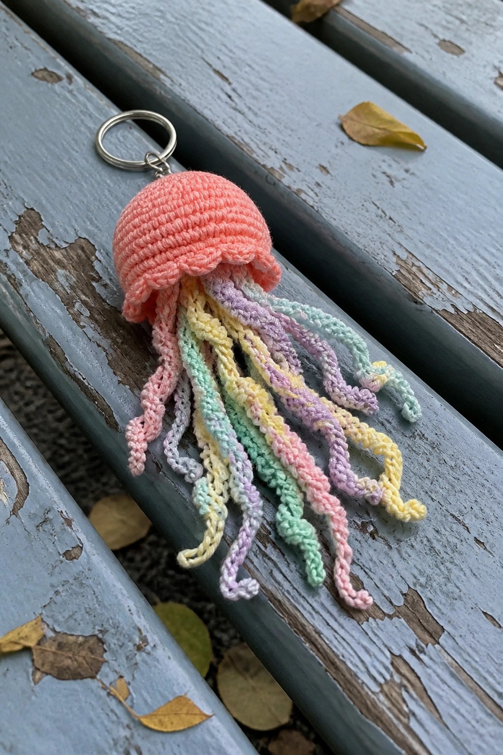 A crocheted pink jellyfish keychain with pastel multicolored tentacles on a wooden surface.