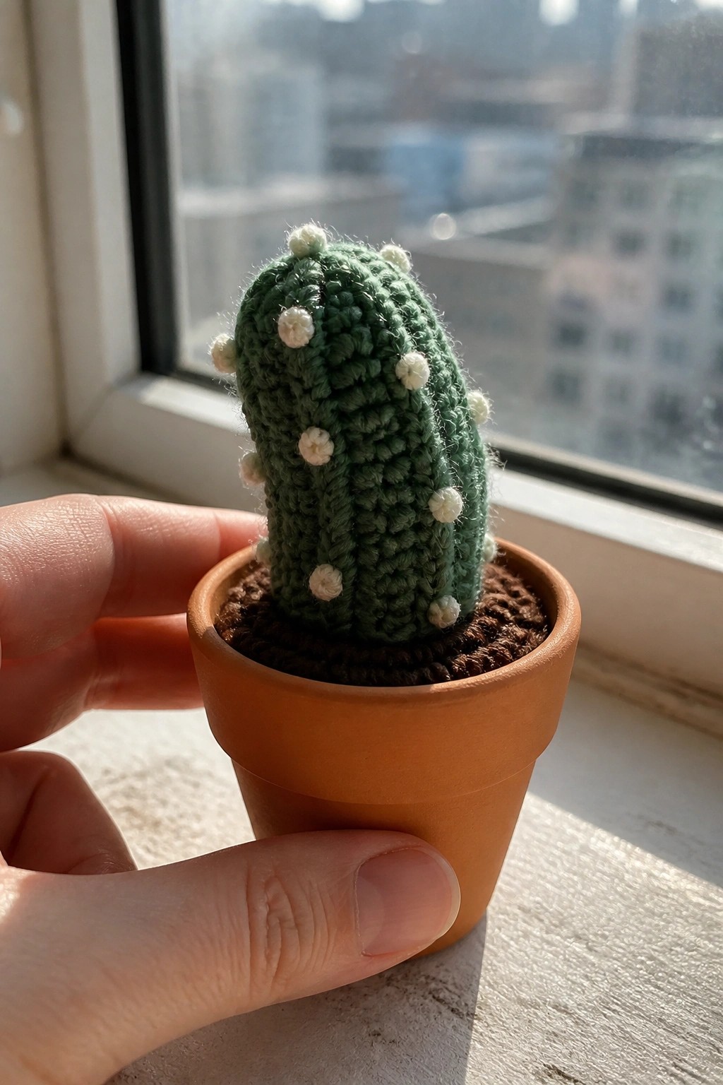 Hand holding green crocheted cactus with white dots in terracotta pot on windowsill