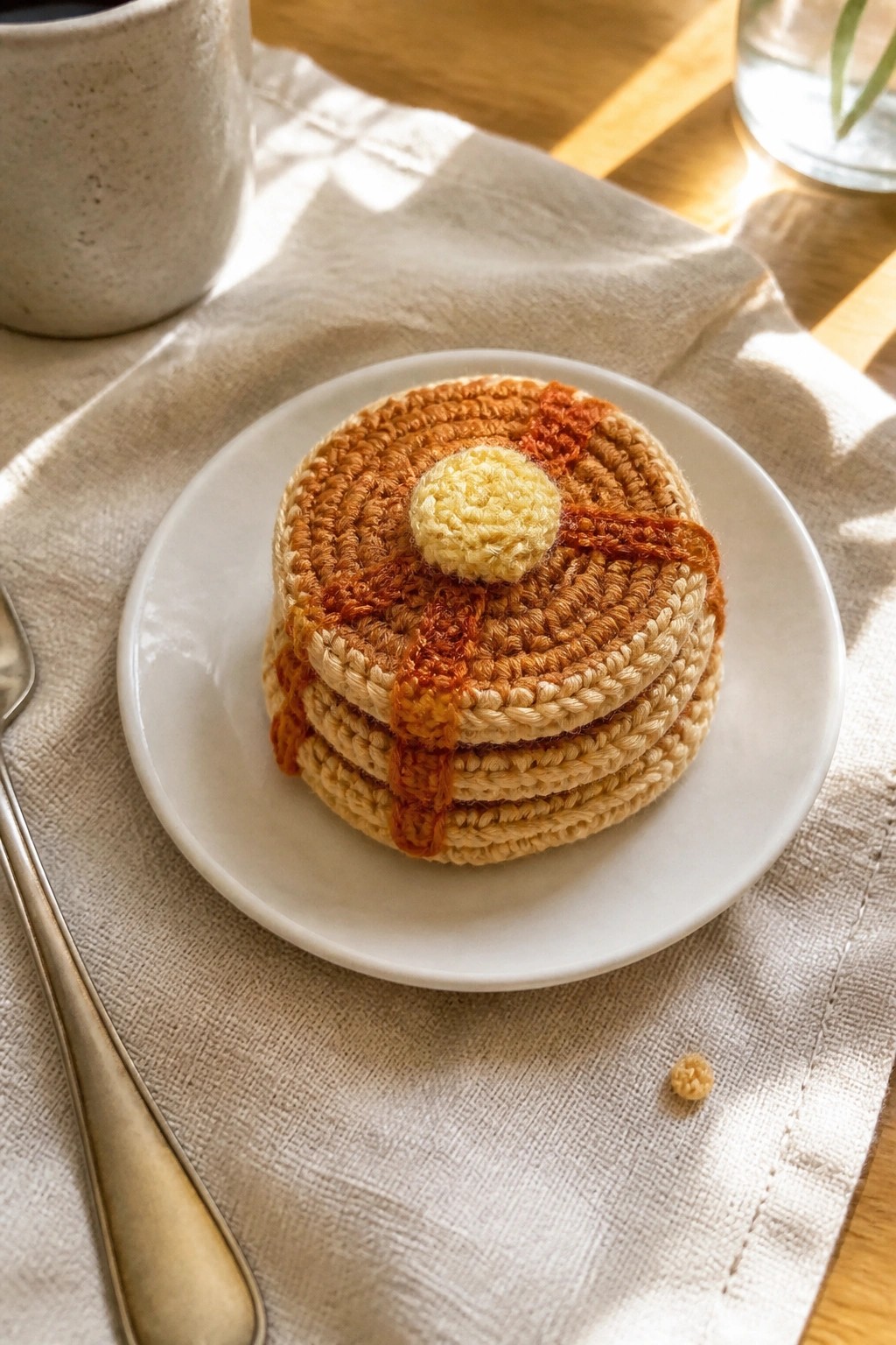 Crocheted pancake stack with butter and syrup on white plate beside fork and mug