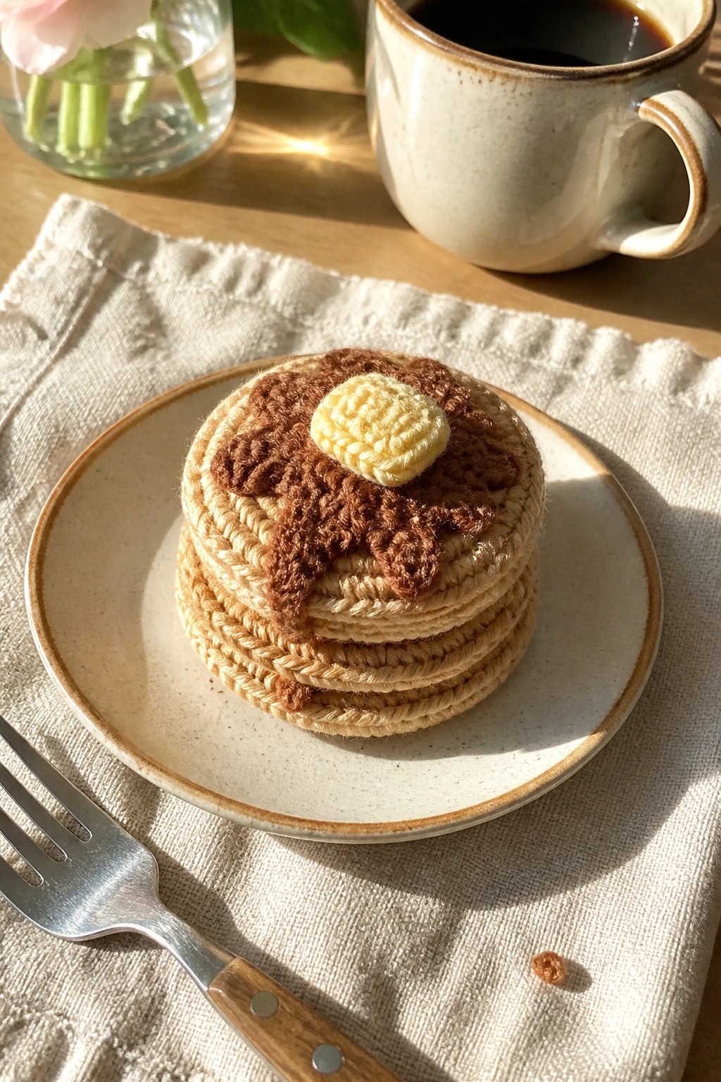 Crocheted pancake stack with butter and syrup on plate beside fork and coffee mug.