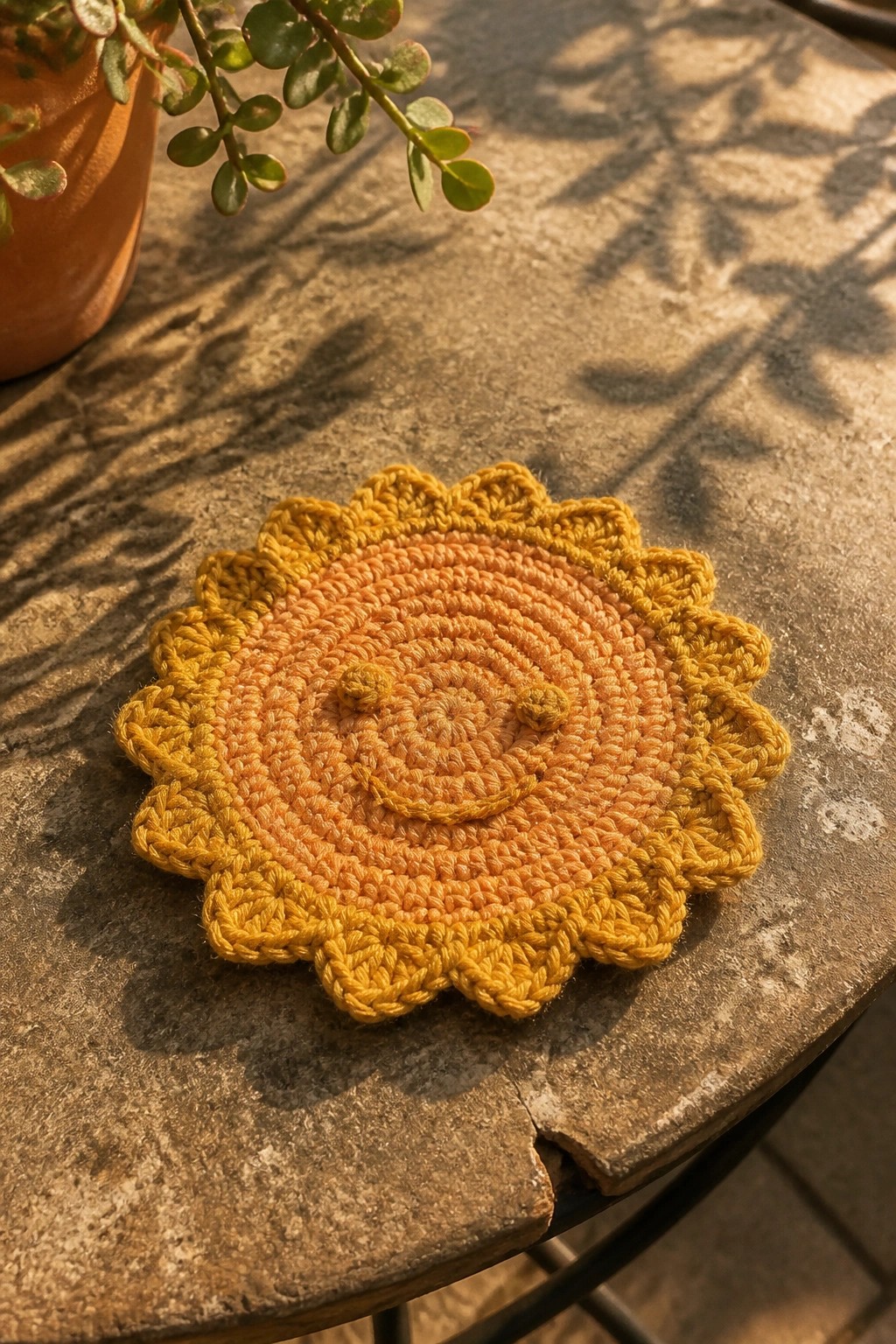 Crocheted yellow-orange sunflower coaster with smiley face on rustic wooden table