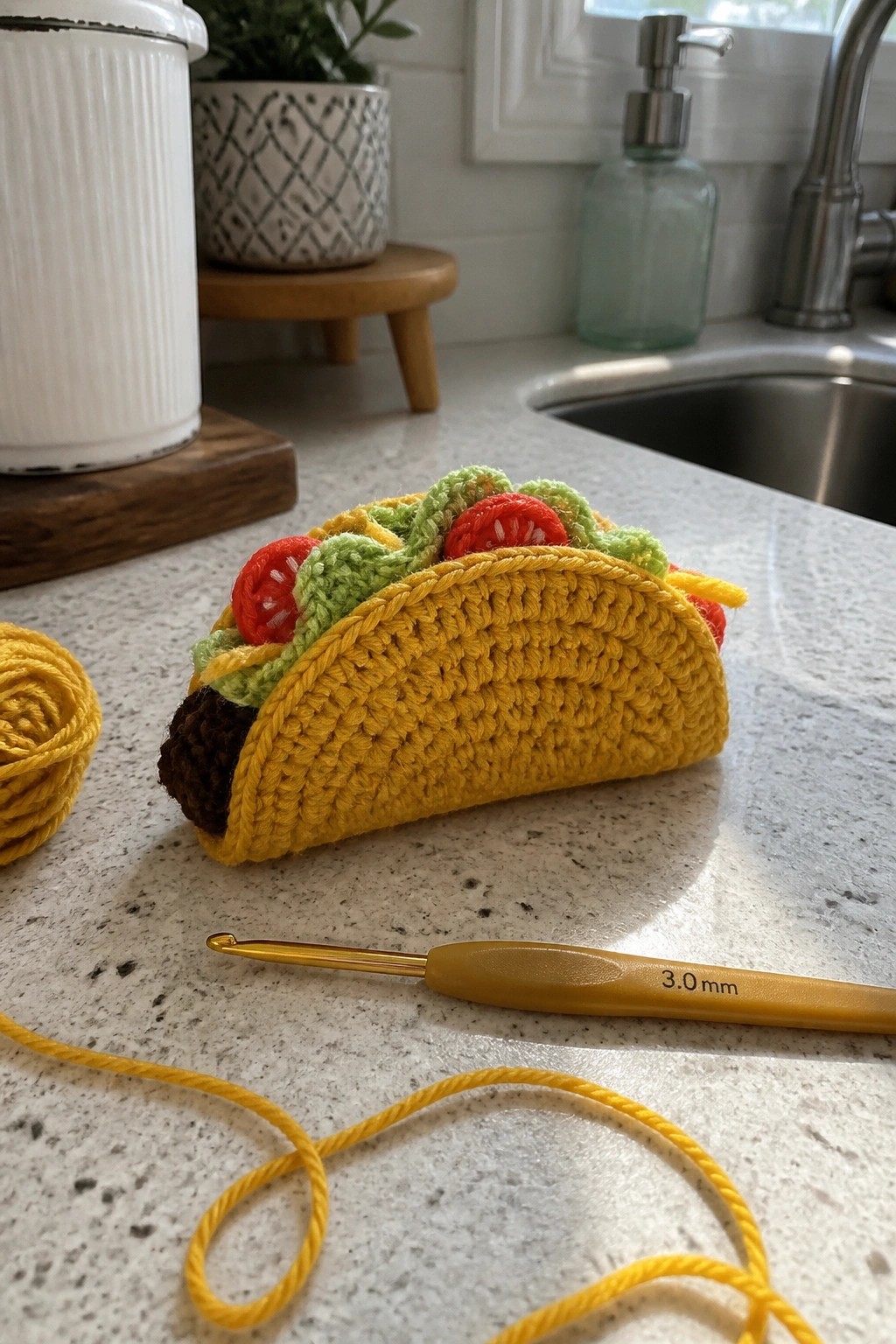 Crocheted taco with lettuce and tomatoes beside gold hook and yellow yarn on kitchen counter