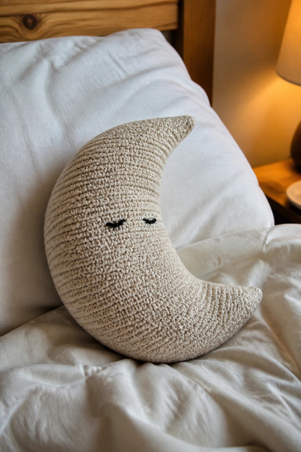 Cream crocheted crescent moon pillow with closed eyes on white bed linens.