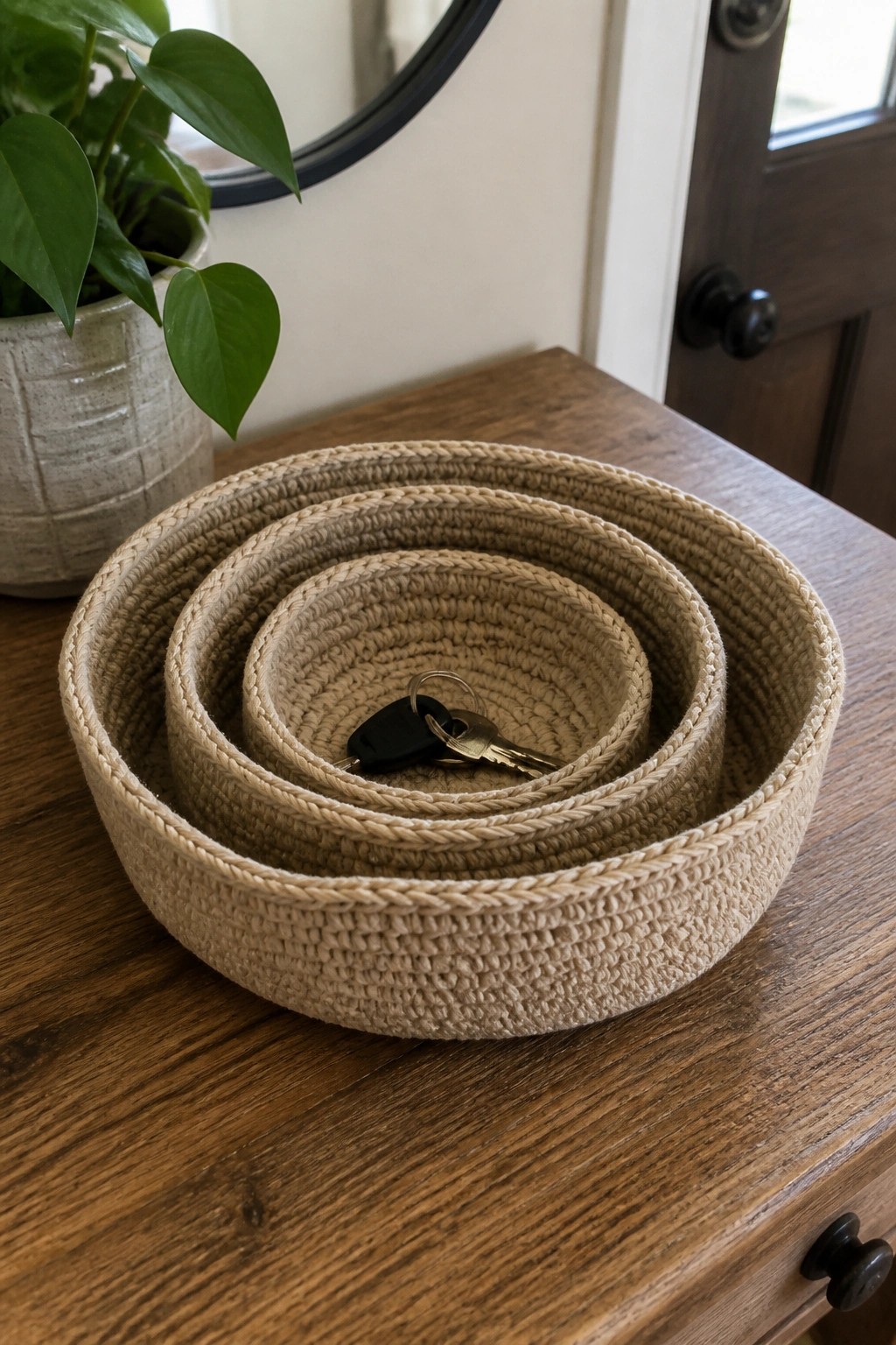 Three nested round beige crocheted baskets on a wooden table with keys in the smallest basket.