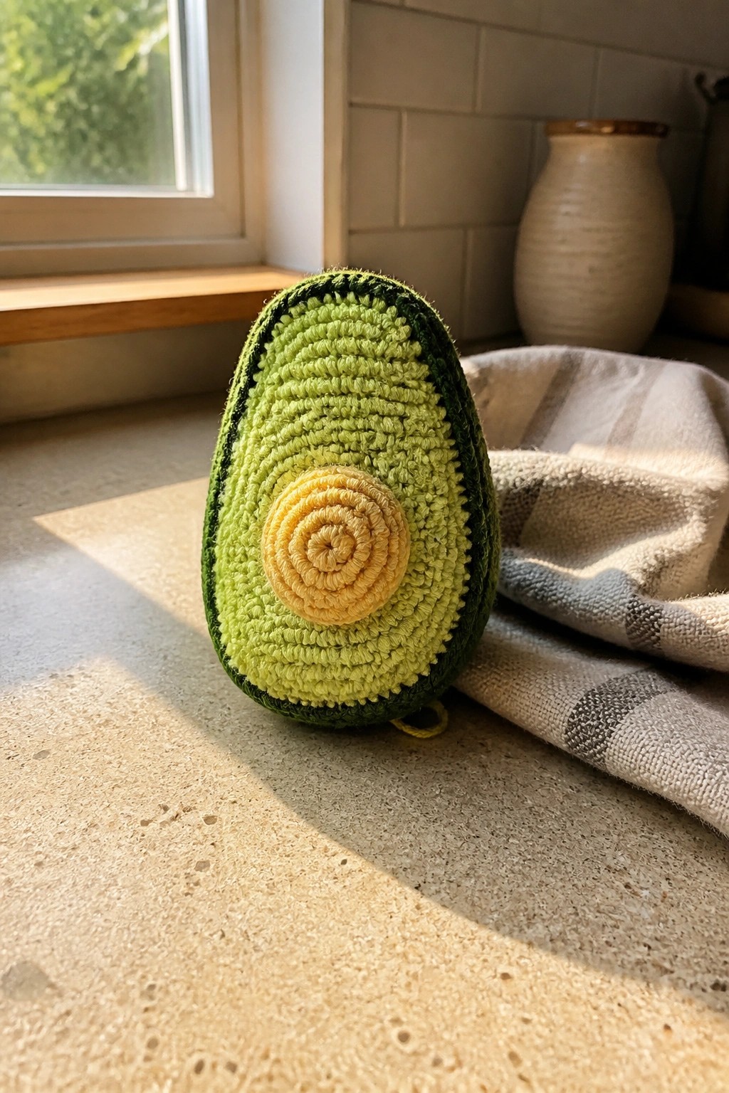 Crocheted avocado half with layered greens and yellow center on kitchen countertop