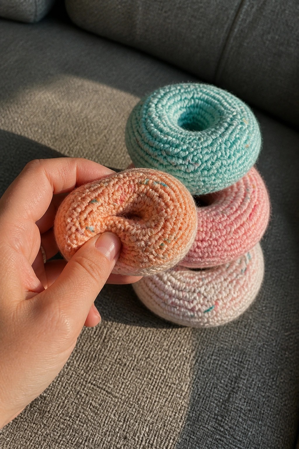 Hand holding peach crocheted donut before stack of turquoise pink cream ones on gray couch