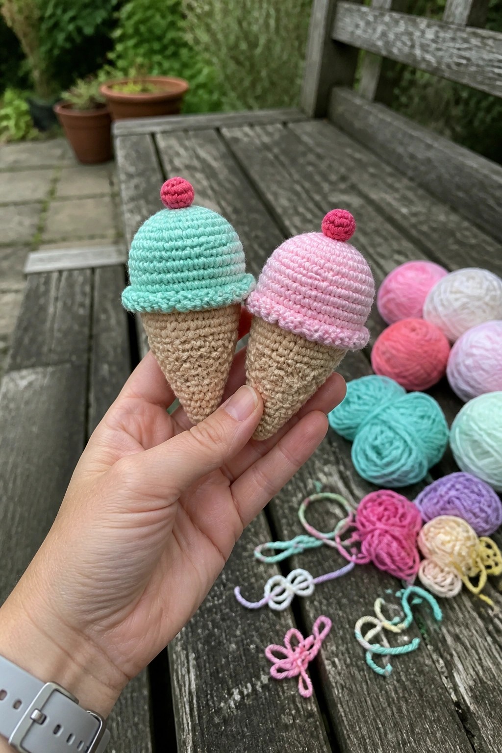 Hand holding pink and mint crocheted ice cream cones near yarn balls on wood.