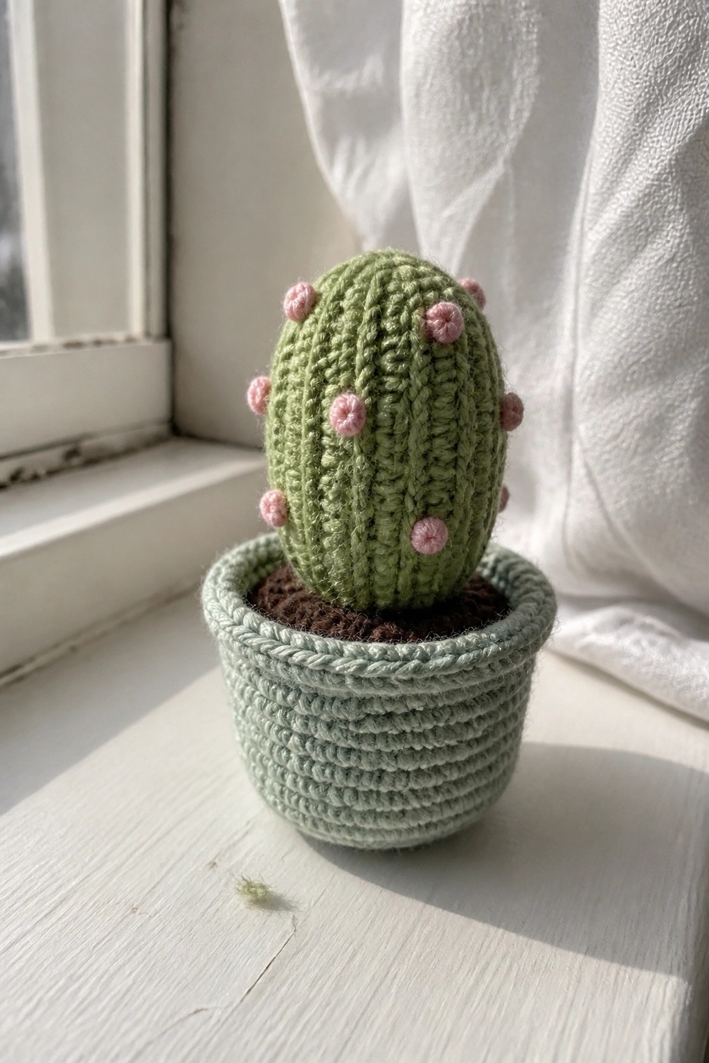 Green crocheted cactus with pink buds in matching pot on white windowsill.