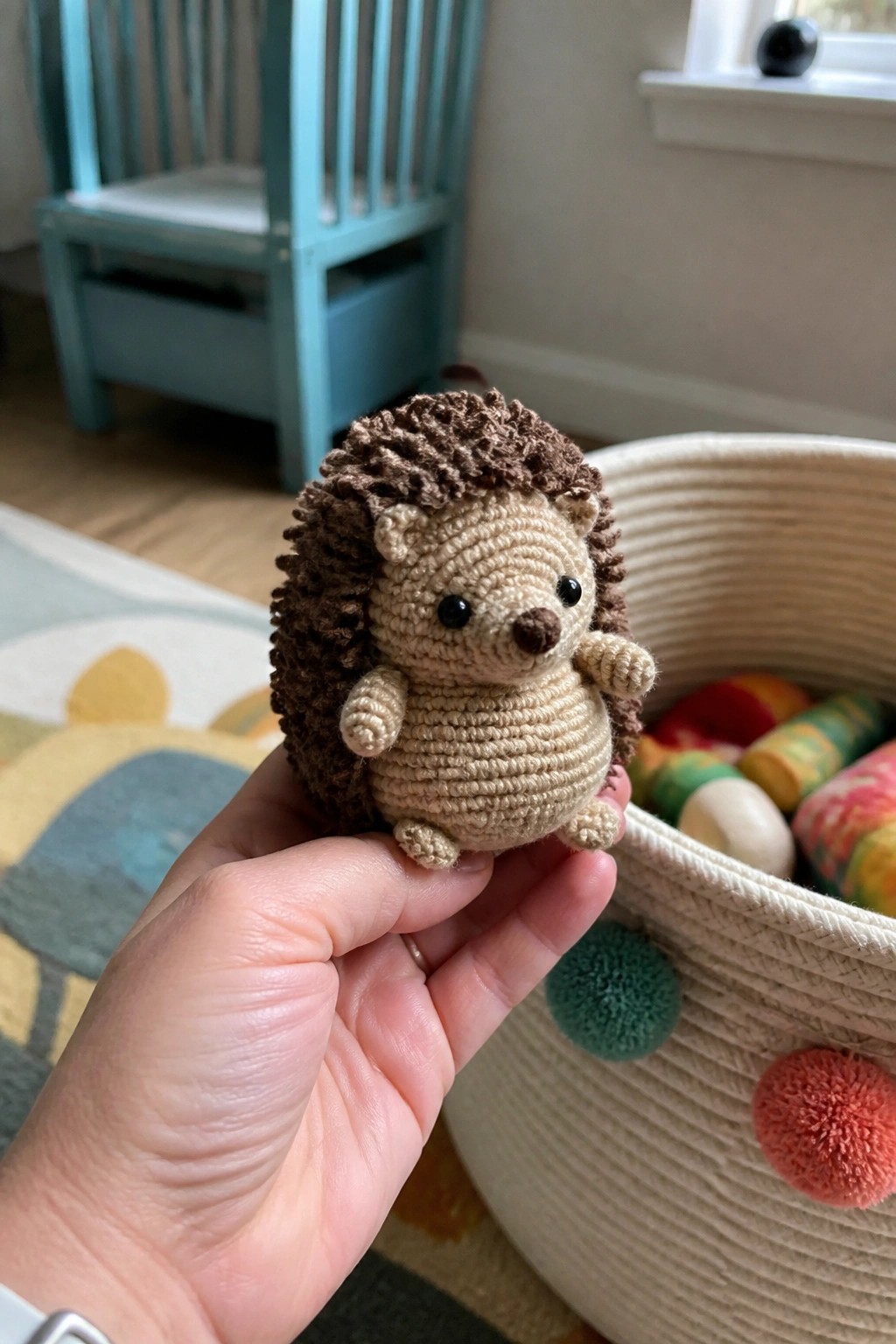 Hand holding crocheted hedgehog with brown spikes and beige body near woven basket