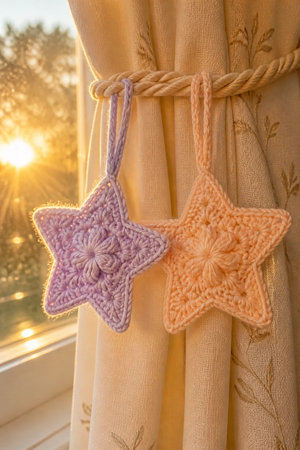 Two crocheted stars in purple and peach hanging from rope on embroidered curtains