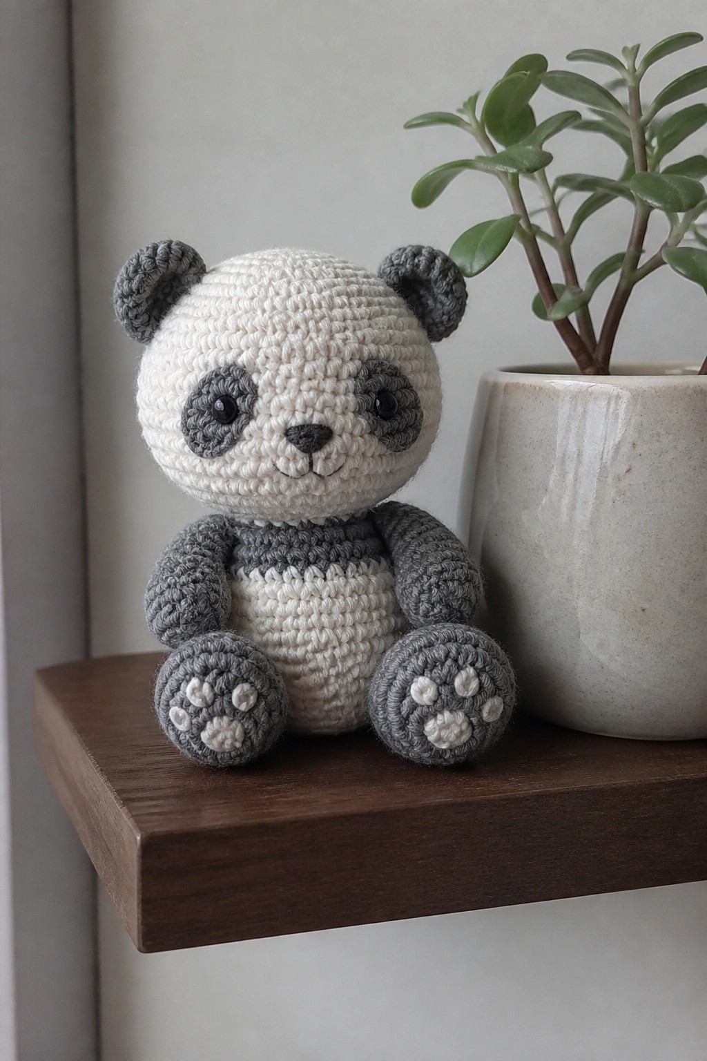 White and gray crocheted panda toy on wooden shelf beside potted plant.