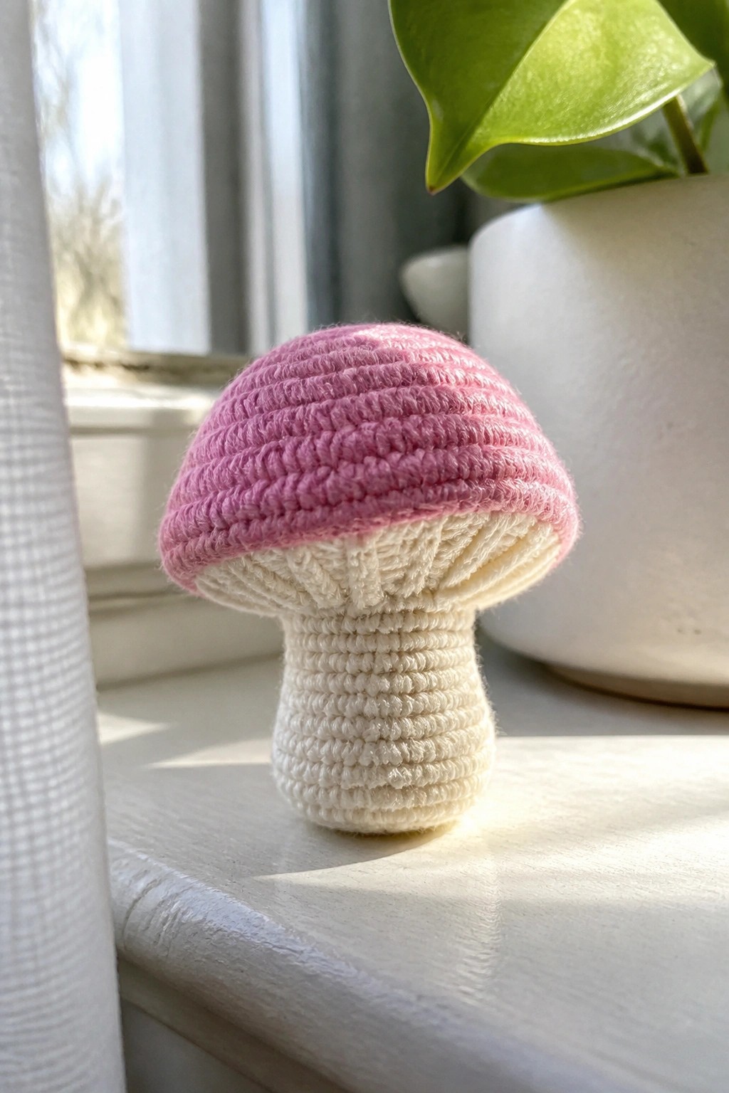 Crocheted pink mushroom with white stem on sunlit windowsill near potted plant.