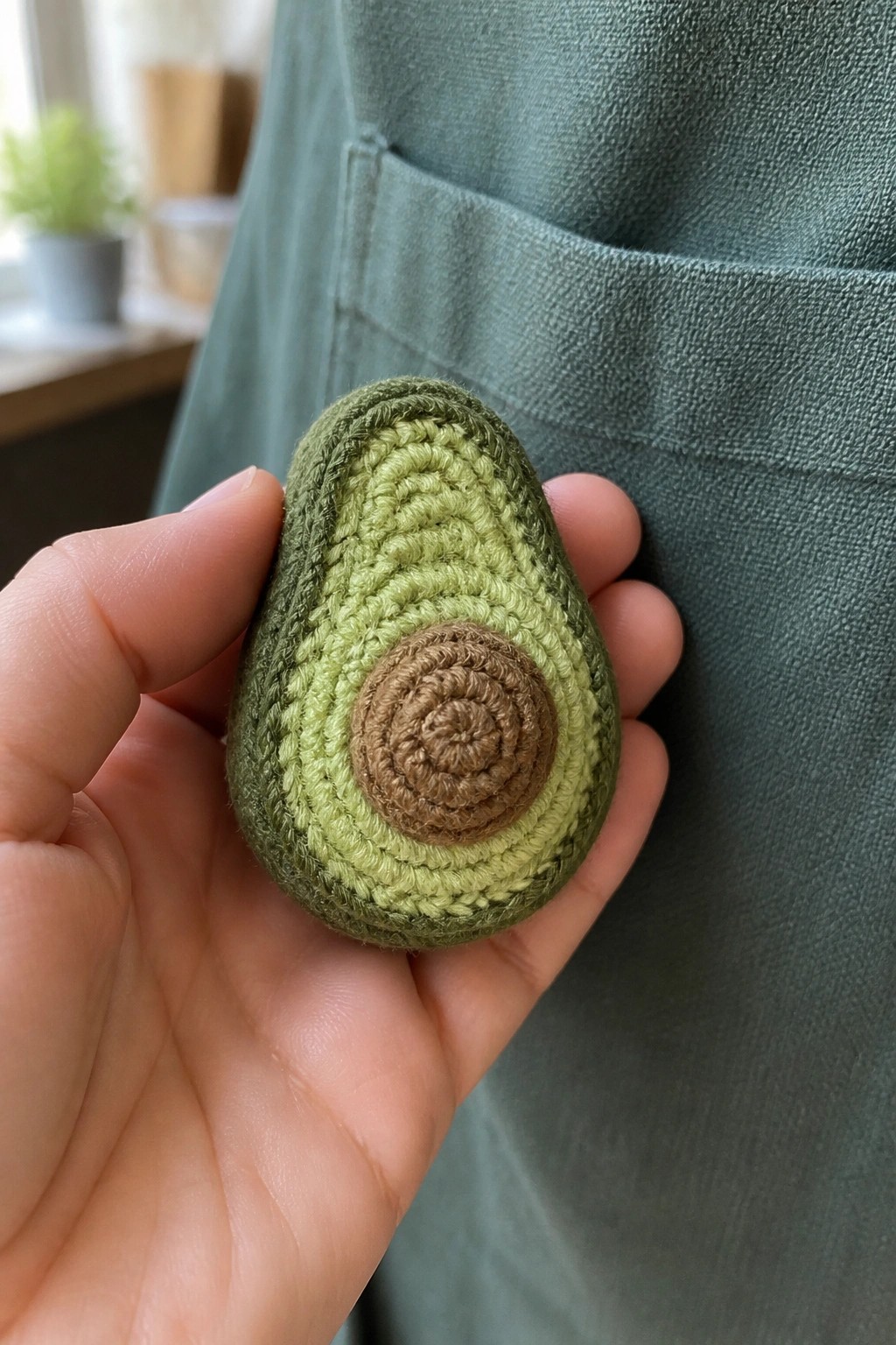 Hand holding crocheted avocado half with brown pit against green apron.