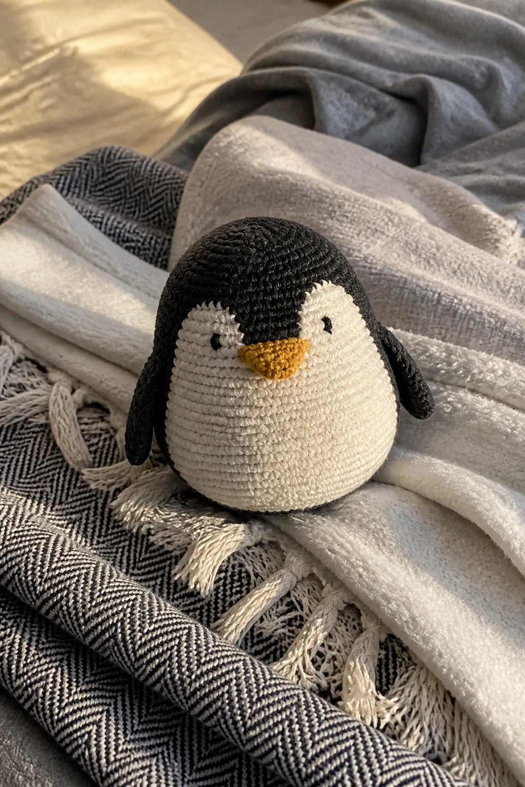 Crocheted black-and-white penguin toy on fringed herringbone and fluffy blankets.