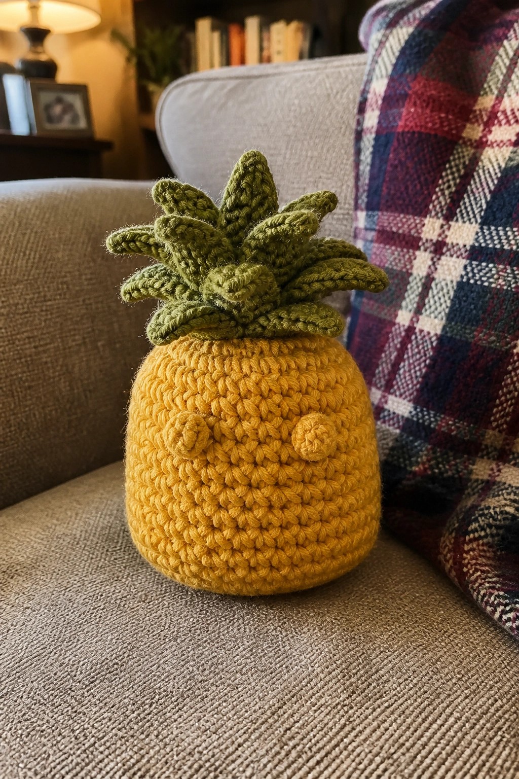 Yellow crocheted pineapple with green leaves and face on gray couch beside plaid blanket