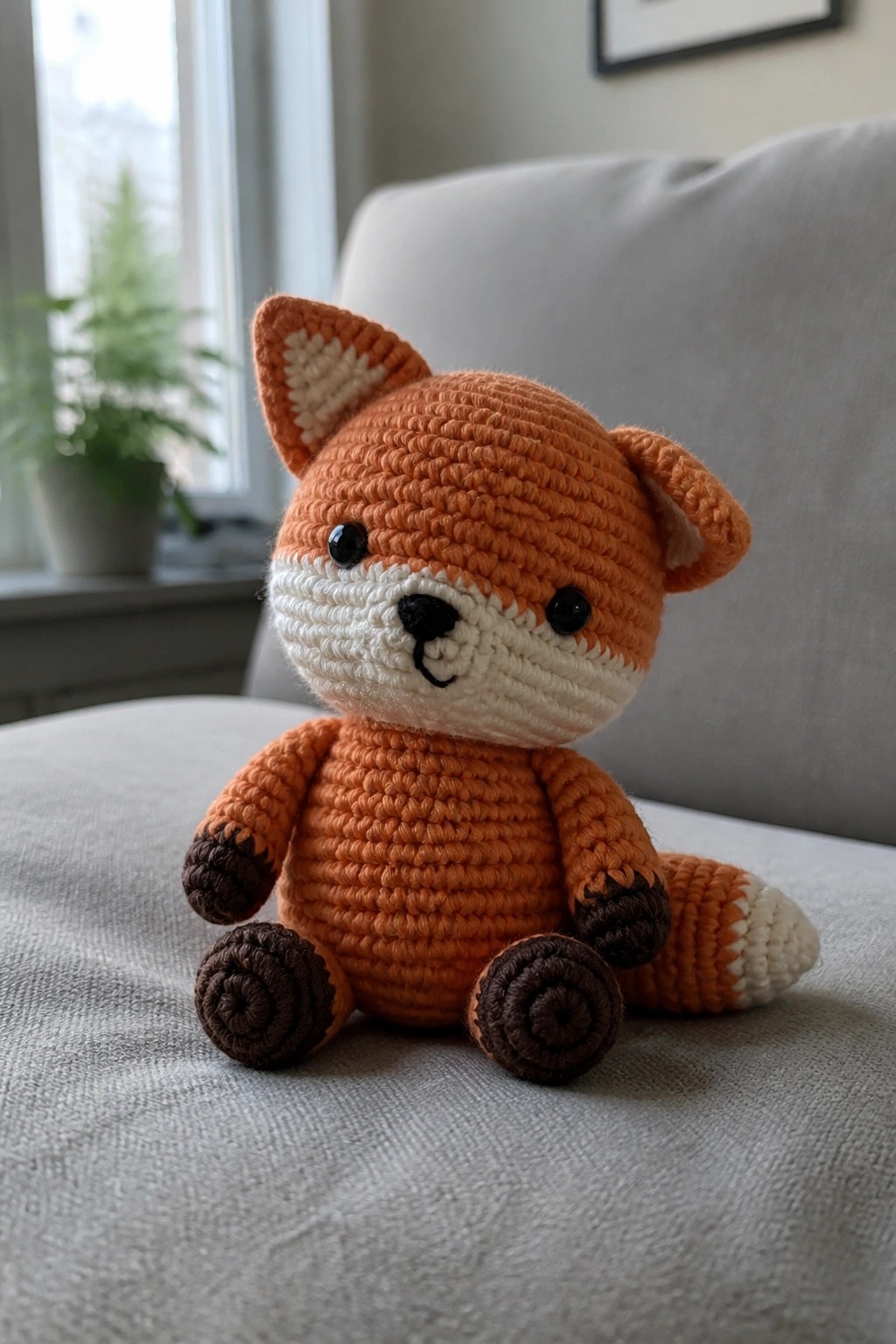 Orange crocheted fox toy with white muzzle and spiral paws on gray couch.