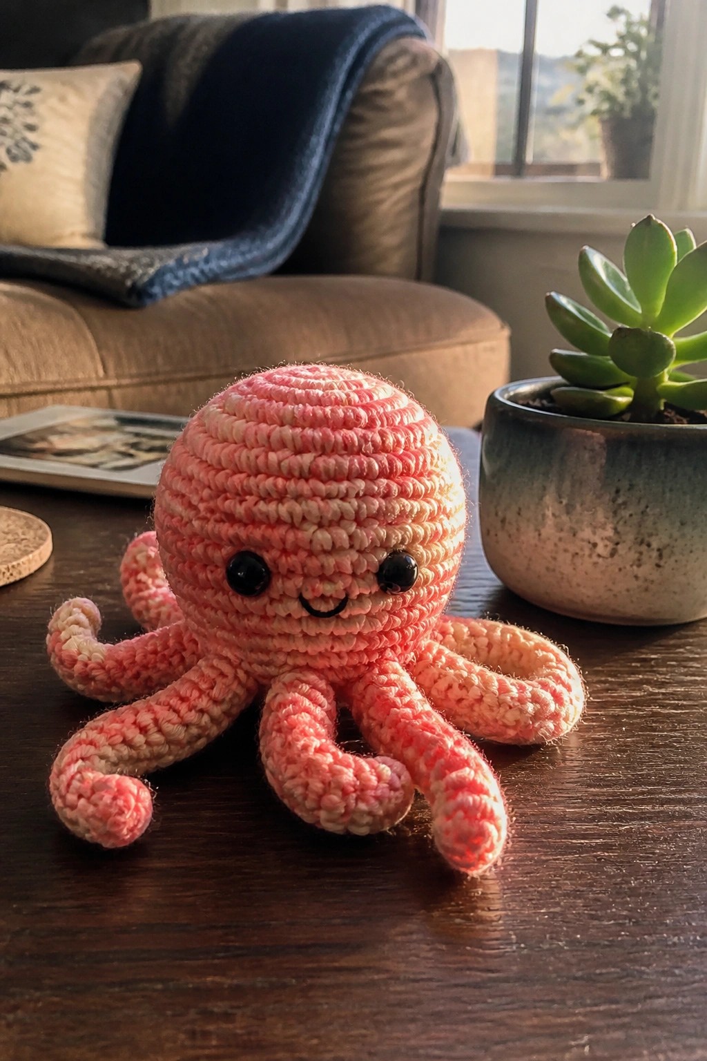 Pink crocheted octopus toy on wooden table beside potted succulent plant